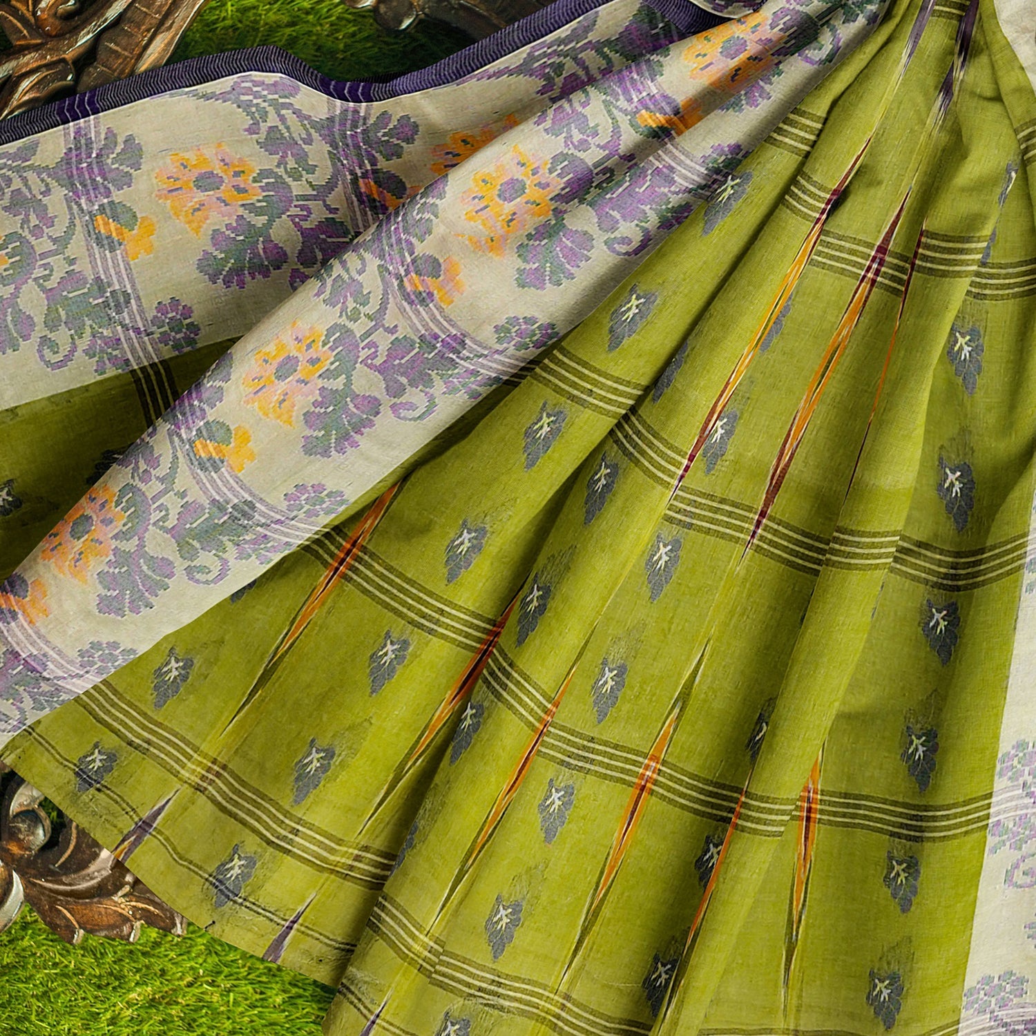 Exclusive Collection 100% Pure Cotton Olive Tant Saree With Hand Weaving Work | Grocsy