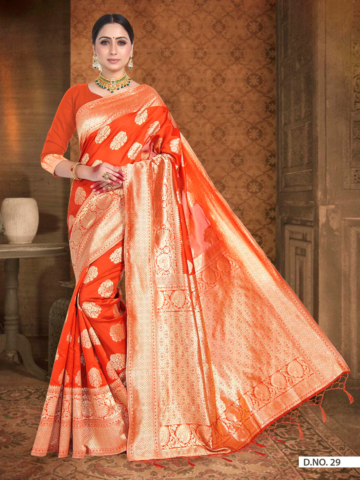 Vardha Fire Orange Woven Banarasi Saree | Grocsy