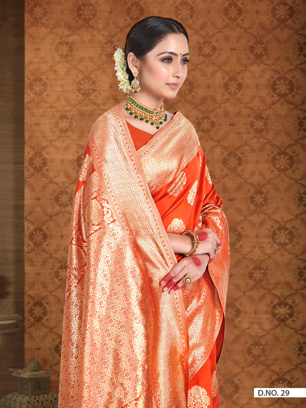 Vardha Fire Orange Woven Banarasi Saree | Grocsy