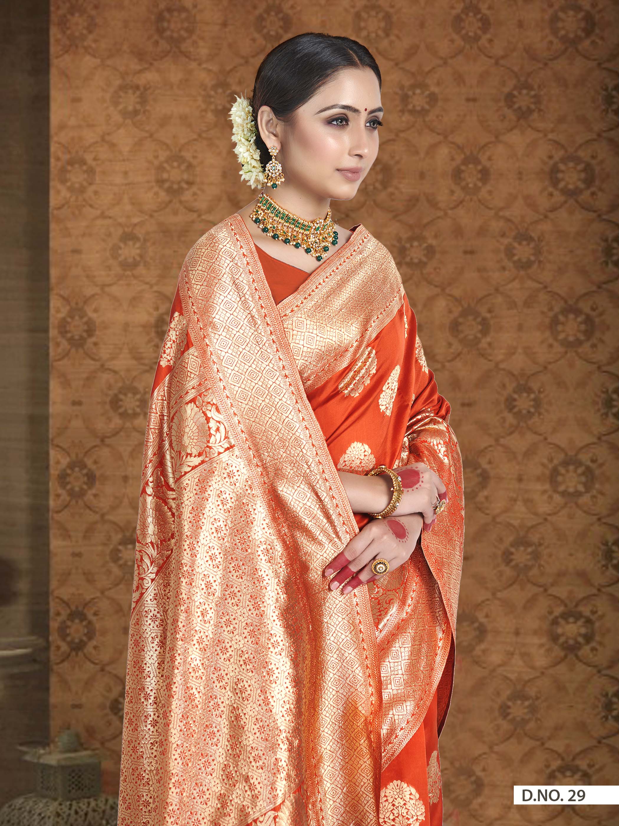 Vardha Fire Orange Woven Banarasi Saree | Grocsy