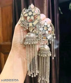 Tehzeeb Creations Women's Silver Colour Oxidised Earrings With Mirror And Chain | Grocsy