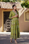 Juniper Womens Green Rayon Foil Printed Circular Maxi Dress With Mirror Embroidery | Grocsy