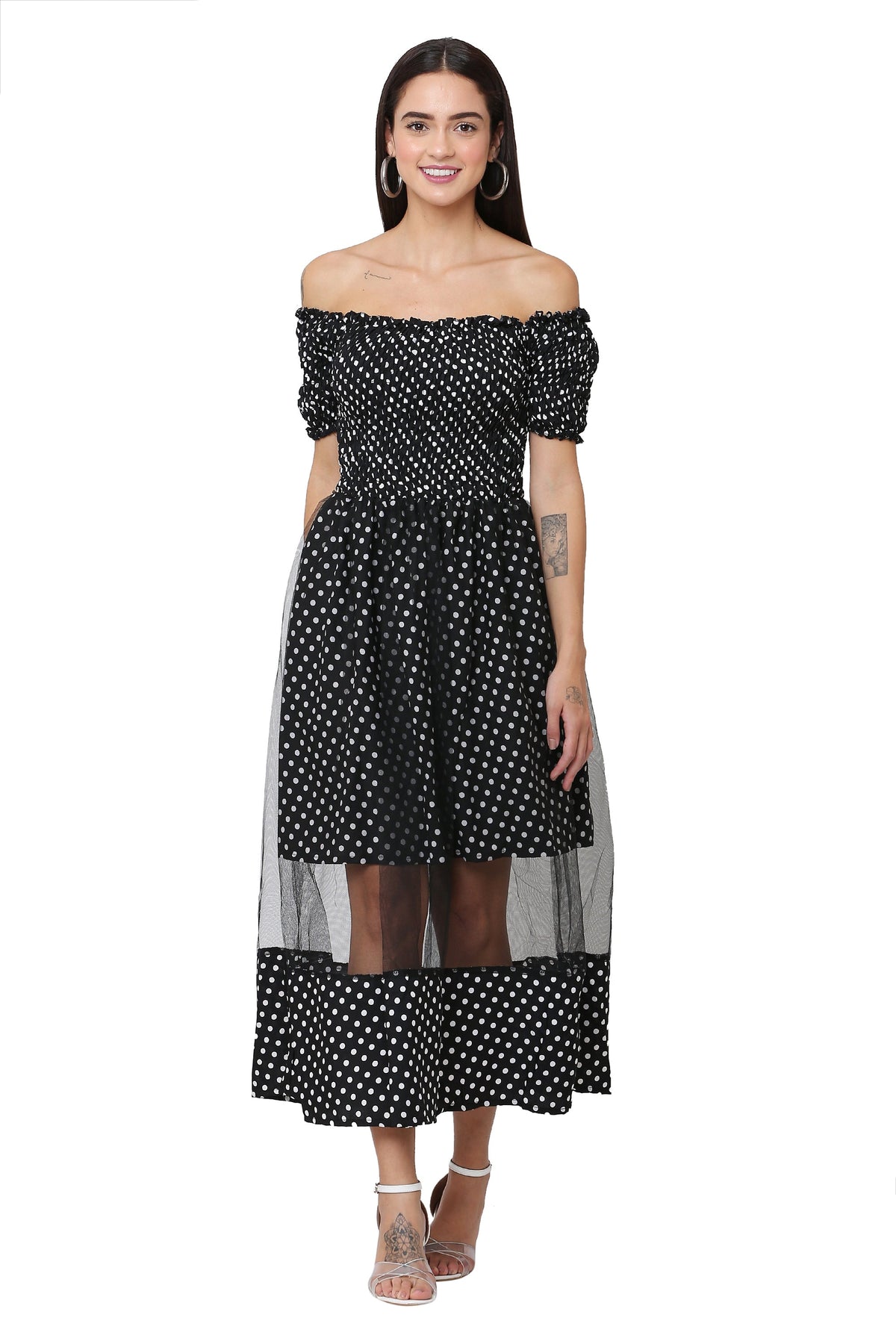 PAVONINE Black Color Polka Dot Net Kansai Dress For Women | Grocsy
