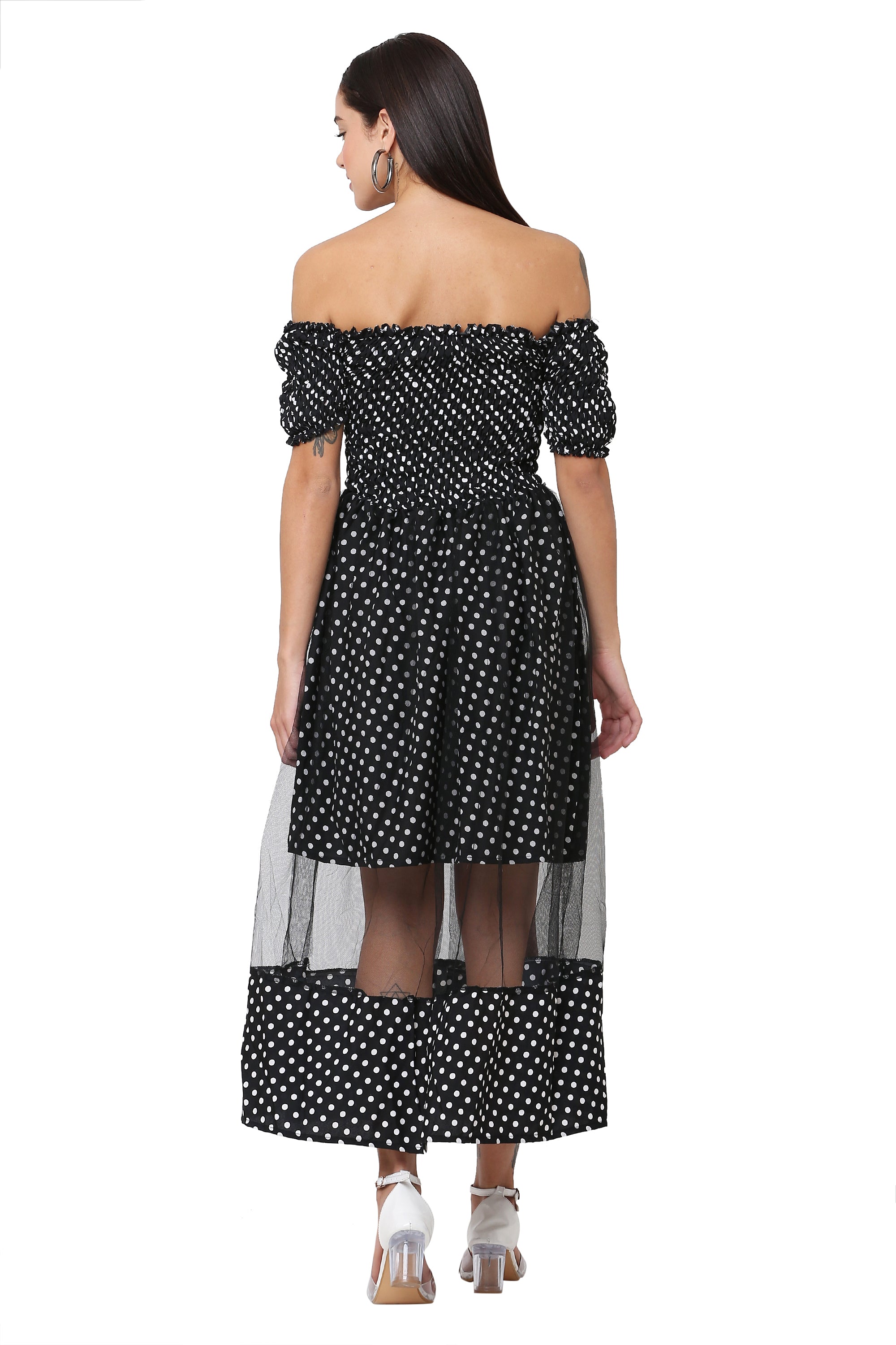 PAVONINE Black Color Polka Dot Net Kansai Dress For Women | Grocsy