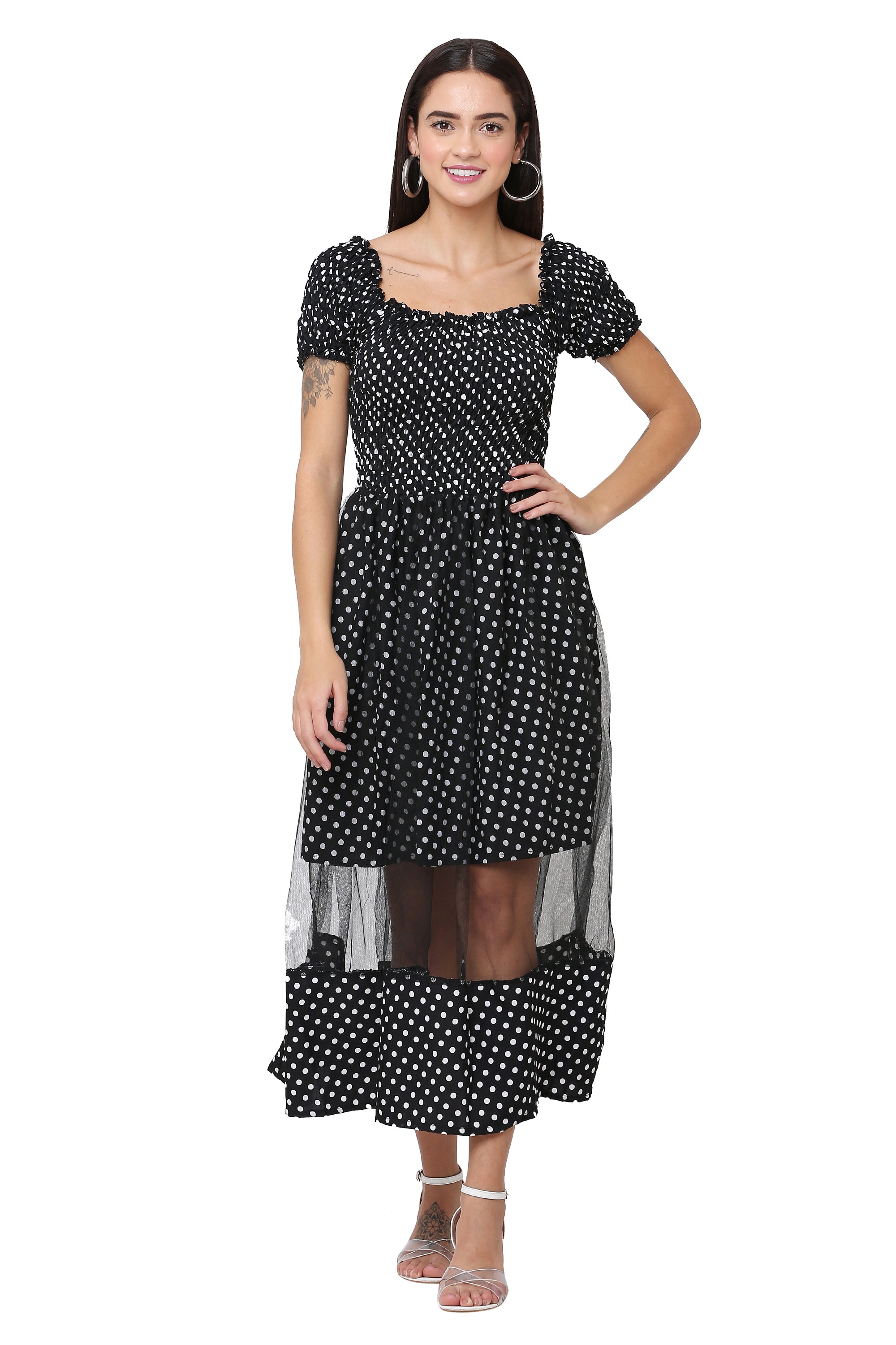 PAVONINE Black Color Polka Dot Net Kansai Dress For Women | Grocsy
