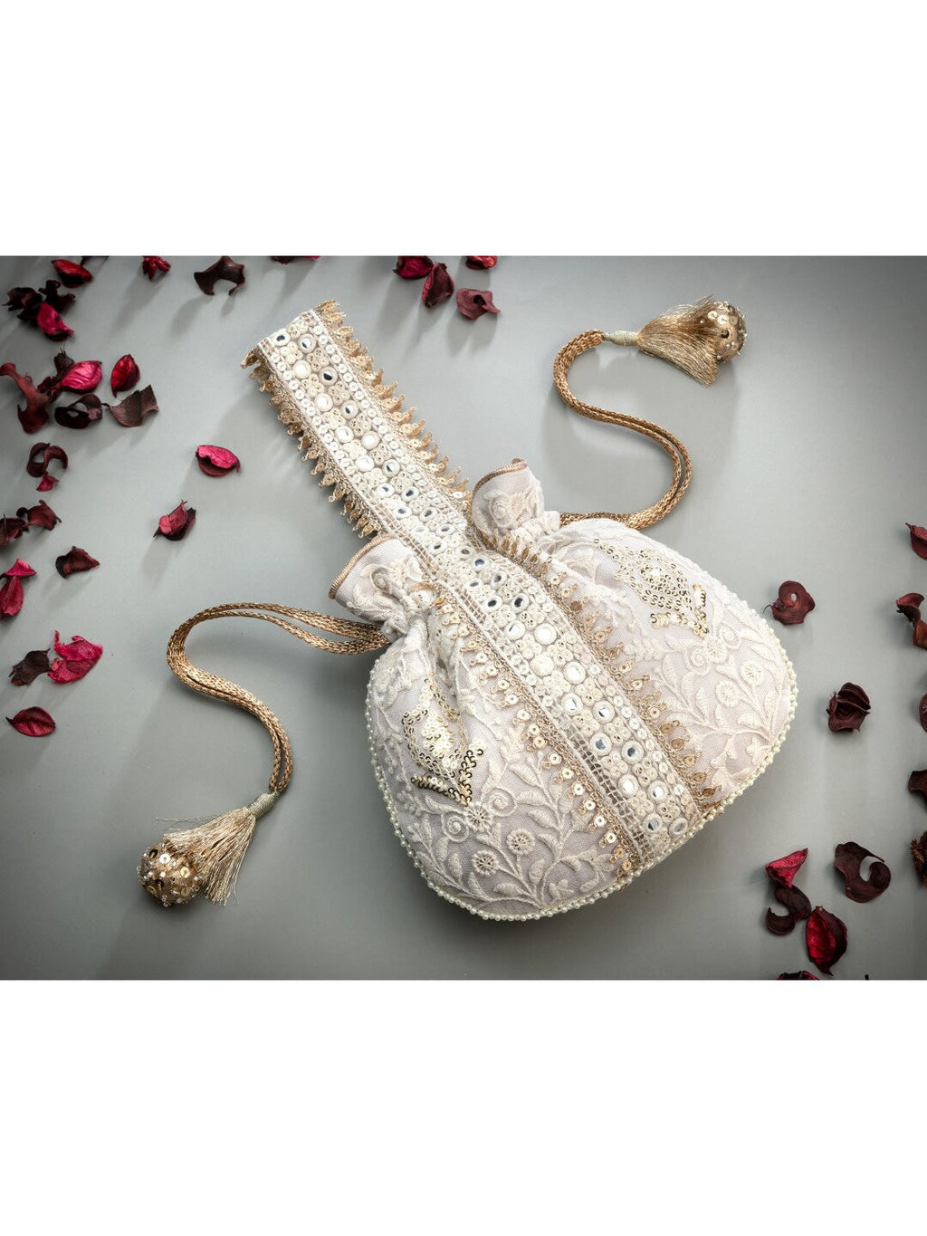 Masq Off White & Gold-Toned Embellished Embroidered Potli Clutch | Grocsy