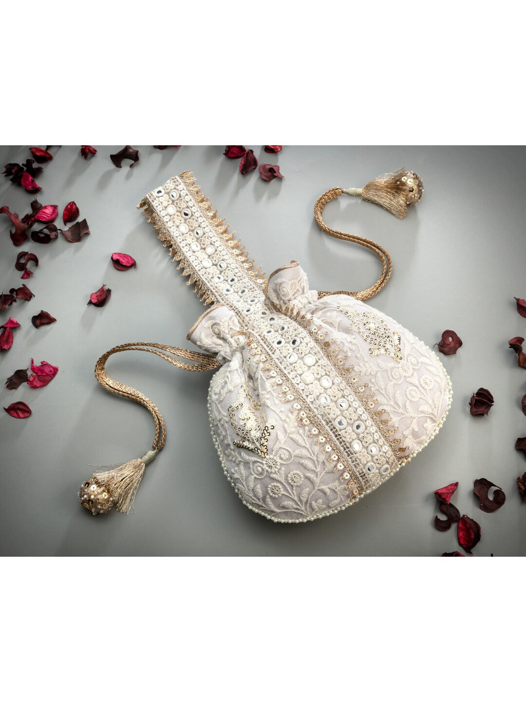 Masq Off White & Gold-Toned Embellished Embroidered Potli Clutch | Grocsy