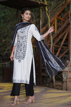 Juniper Womens White Rayon Floral Glitter Placement Printed Straight Kurta With Solid Bottom And Printed Dupatta Set | Grocsy