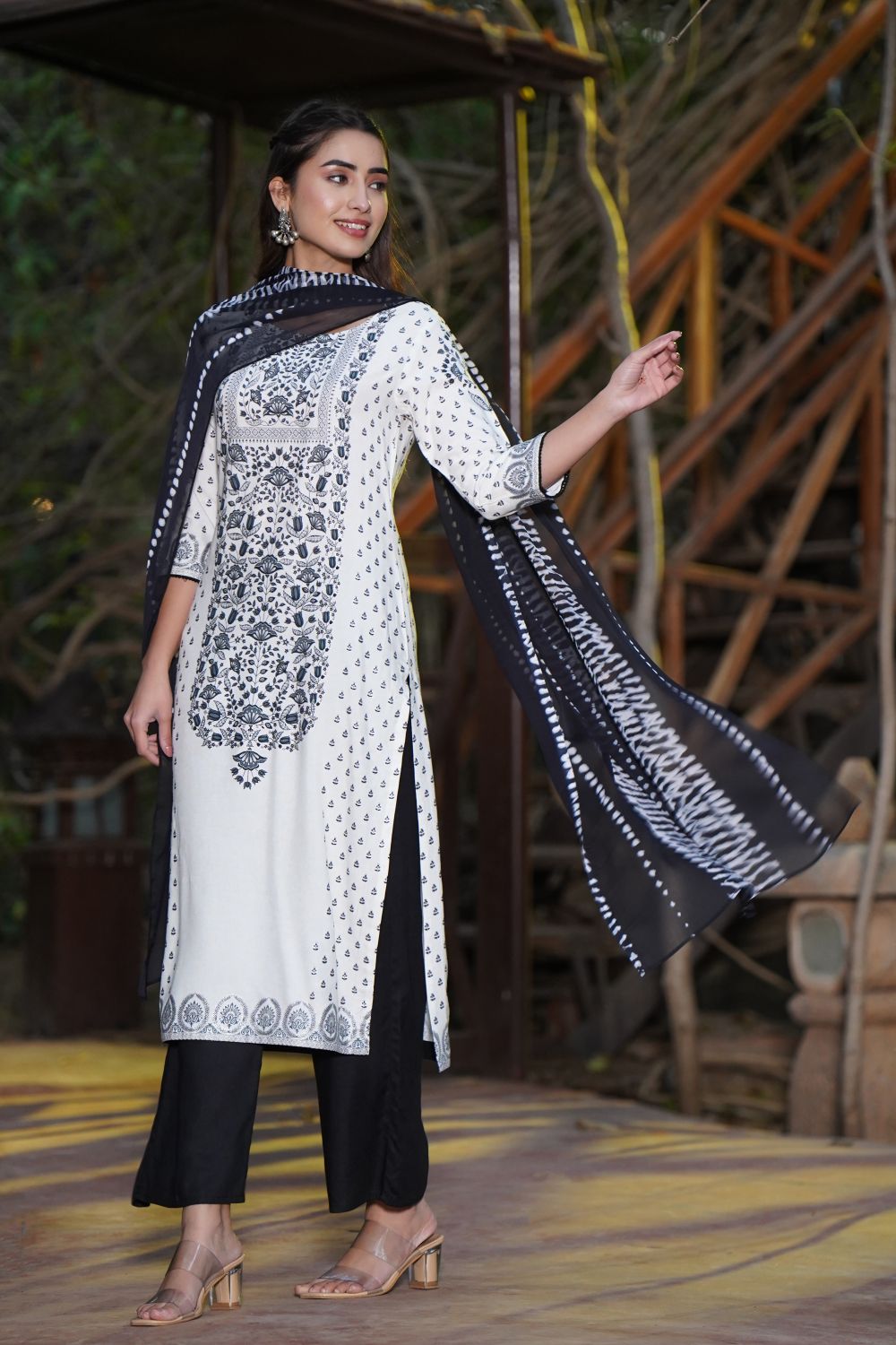 Juniper Womens White Rayon Floral Glitter Placement Printed Straight Kurta With Solid Bottom And Printed Dupatta Set | Grocsy