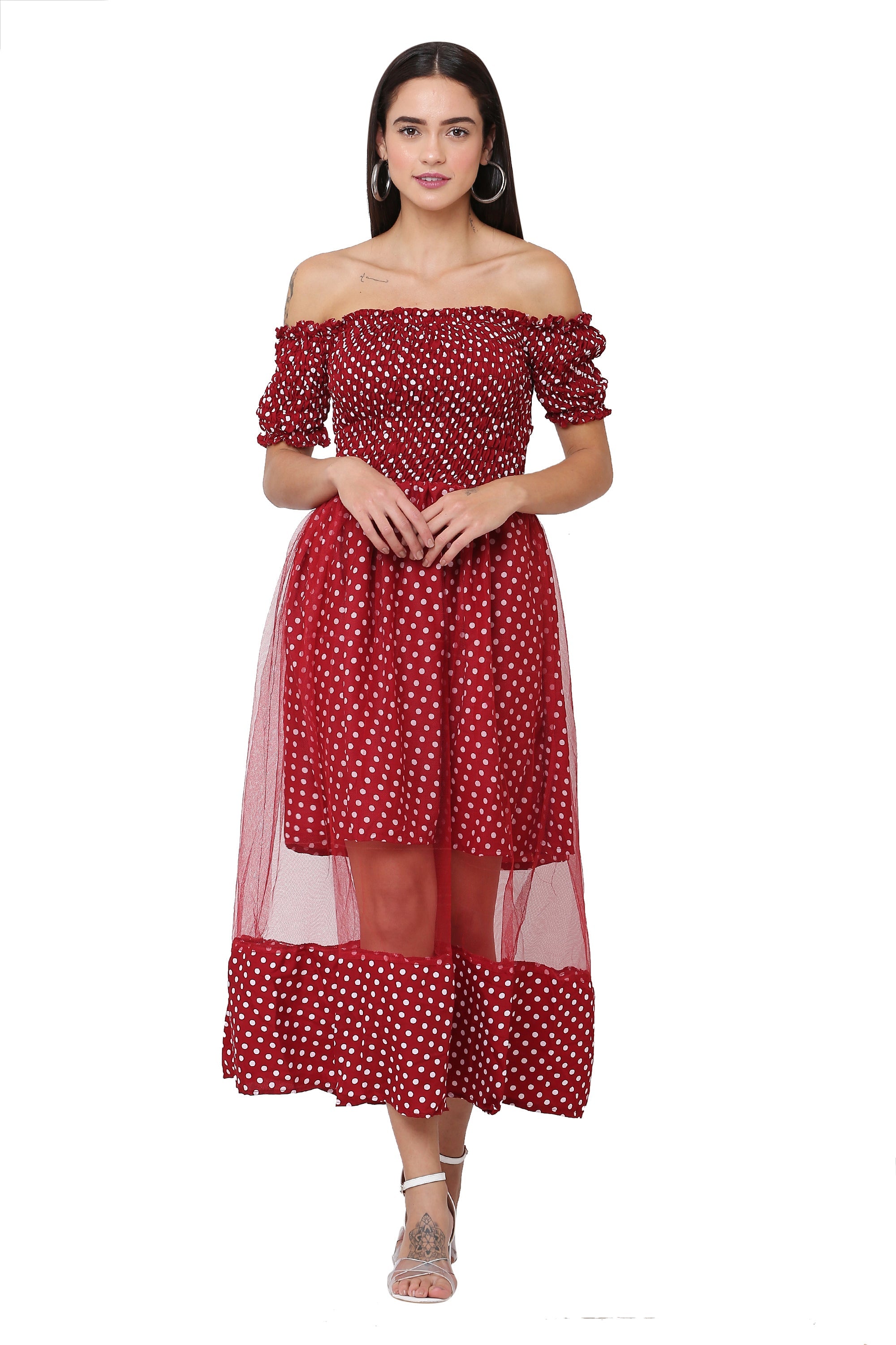 PAVONINE Maroon Color Polka Dot Net Kansai Dress For Women | Grocsy