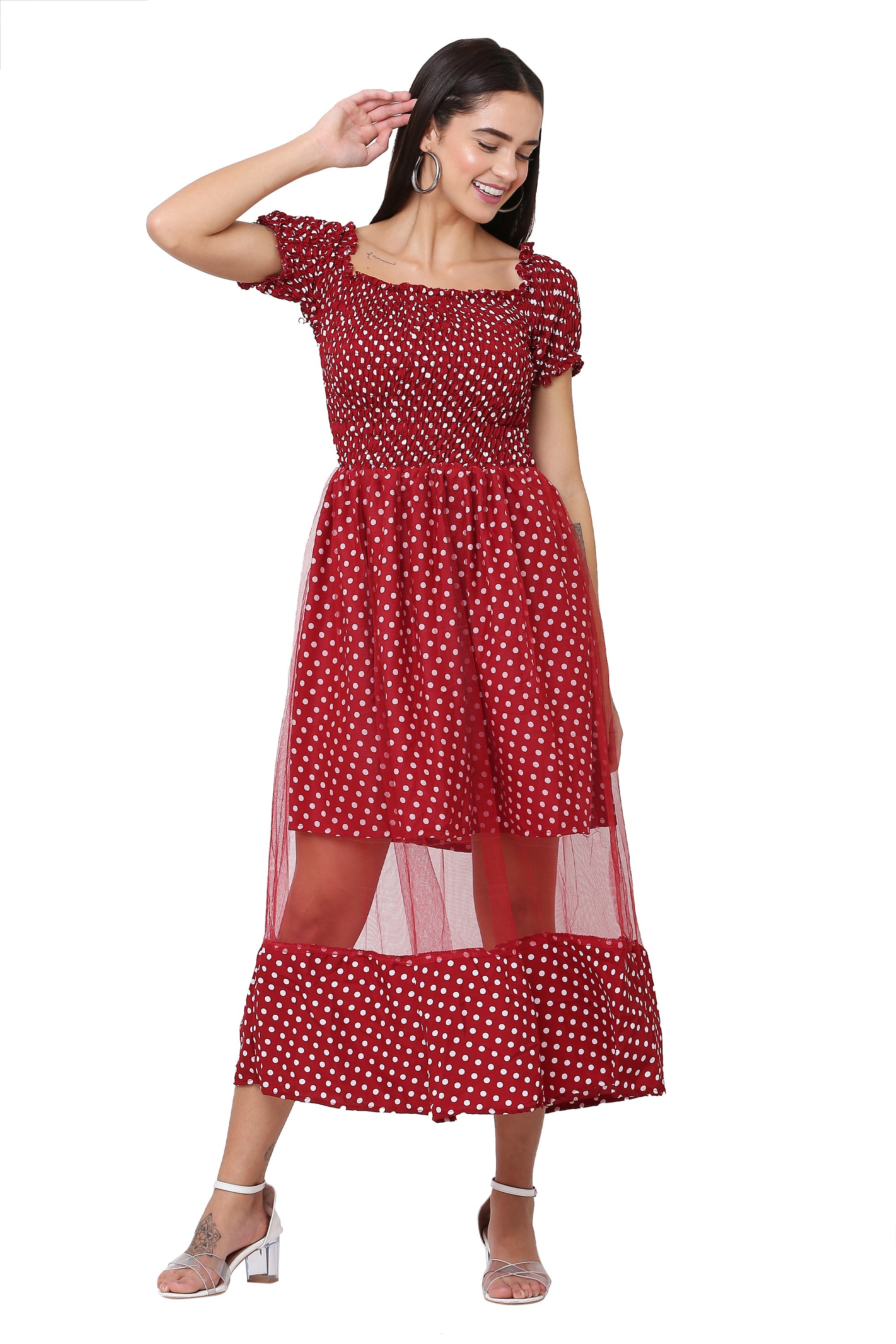 PAVONINE Maroon Color Polka Dot Net Kansai Dress For Women | Grocsy