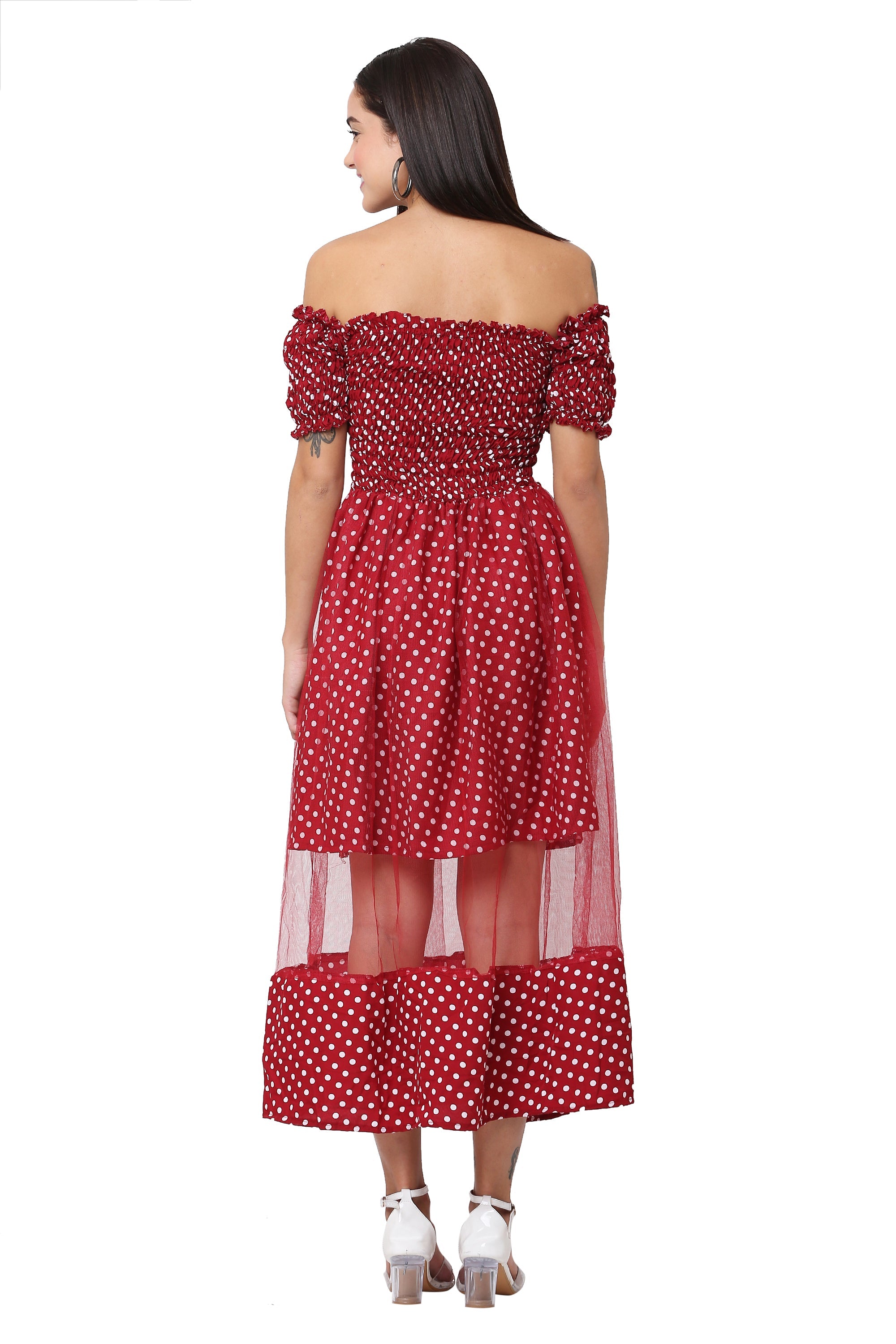PAVONINE Maroon Color Polka Dot Net Kansai Dress For Women | Grocsy