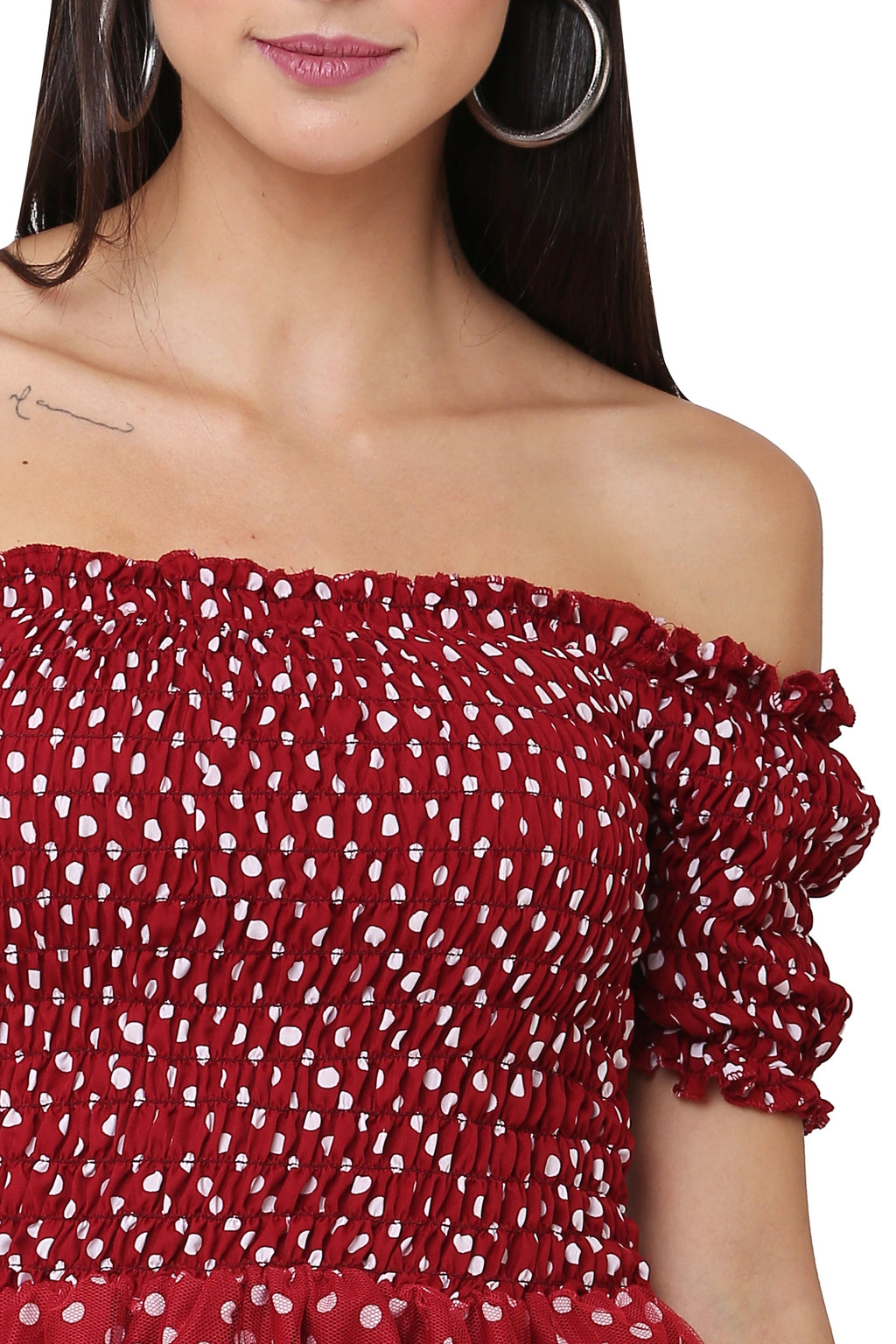 PAVONINE Maroon Color Polka Dot Net Kansai Dress For Women | Grocsy