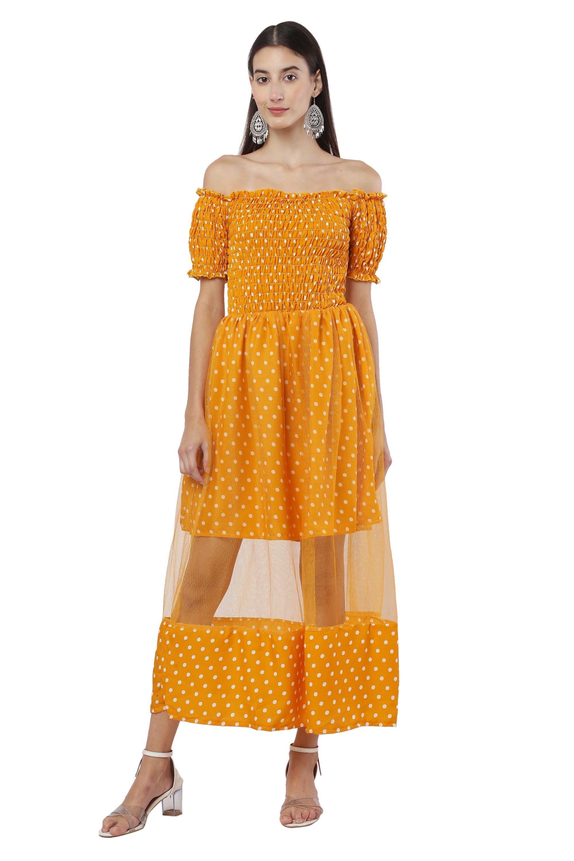 PAVONINE Mustard Color Polka Dot Net Kansai Dress For Women | Grocsy