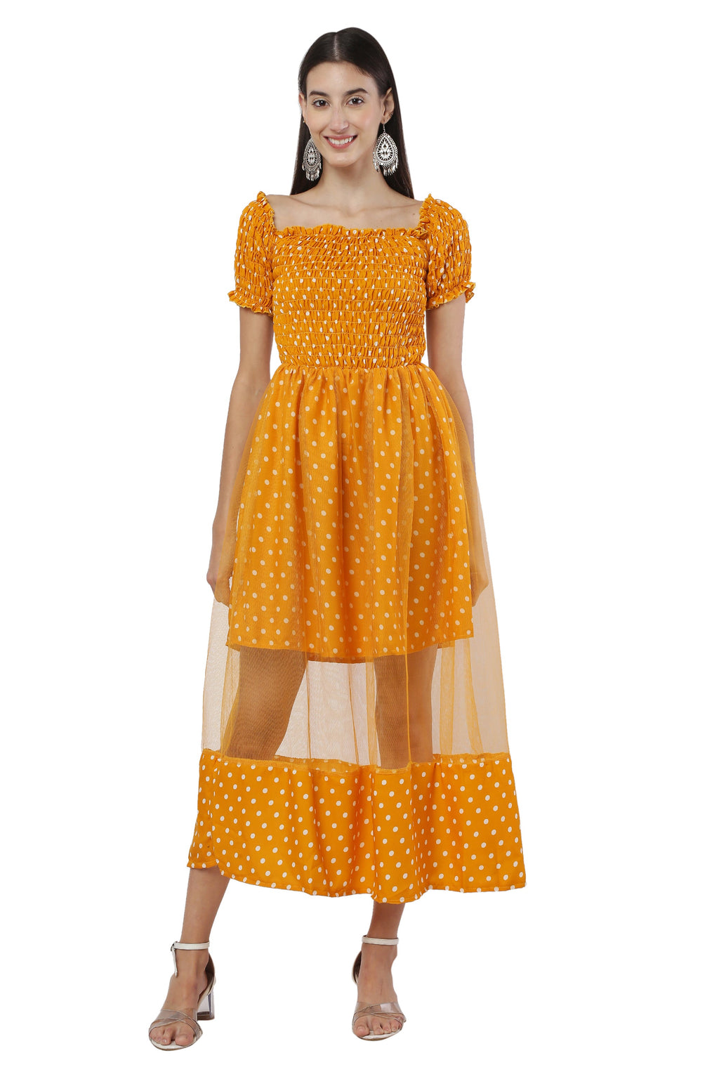 PAVONINE Mustard Color Polka Dot Net Kansai Dress For Women | Grocsy