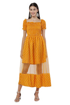 PAVONINE Mustard Color Polka Dot Net Kansai Dress For Women | Grocsy