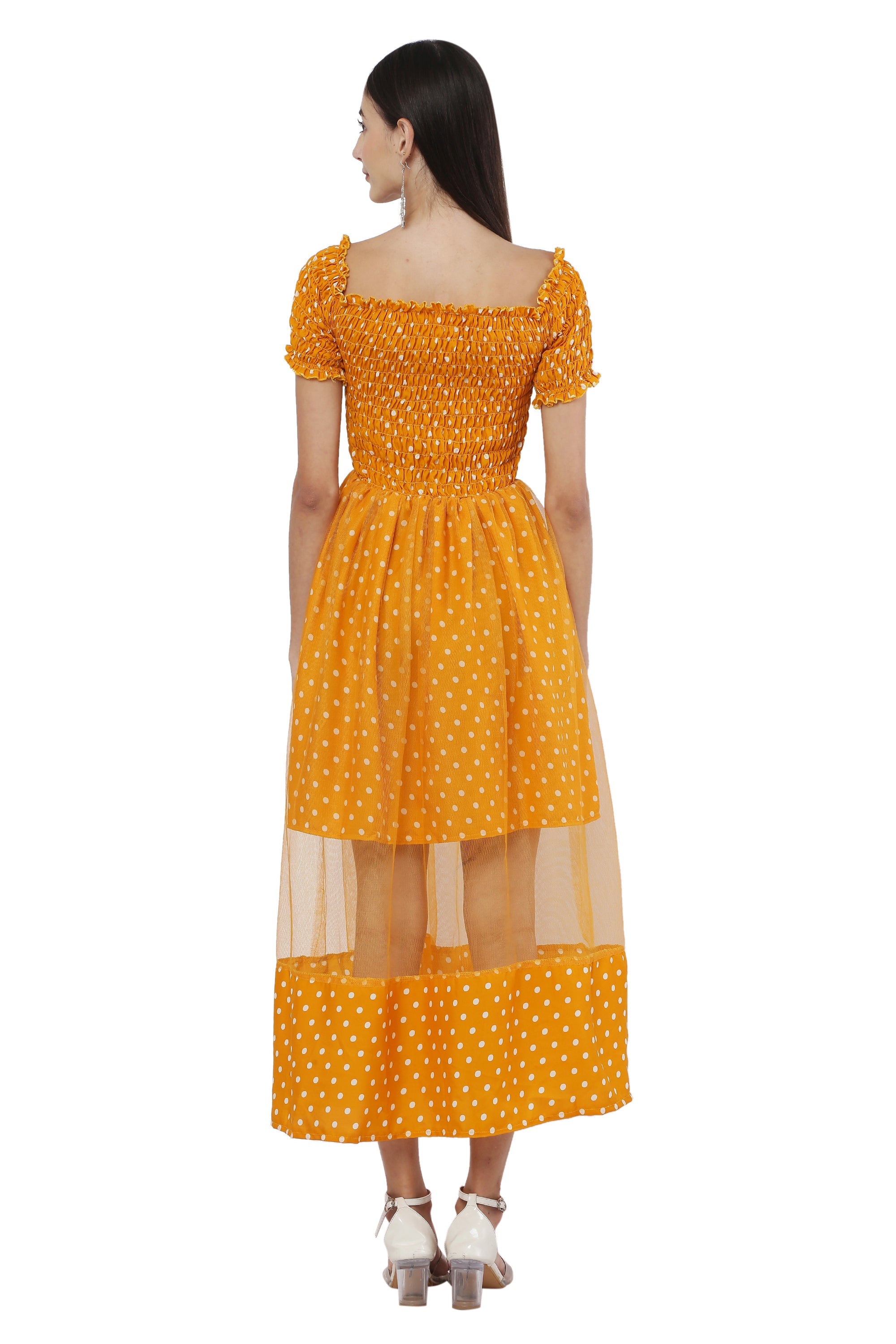 PAVONINE Mustard Color Polka Dot Net Kansai Dress For Women | Grocsy