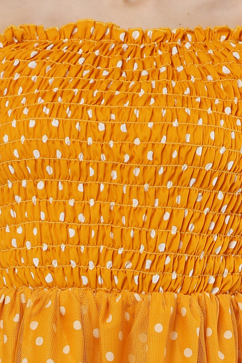 PAVONINE Mustard Color Polka Dot Net Kansai Dress For Women | Grocsy