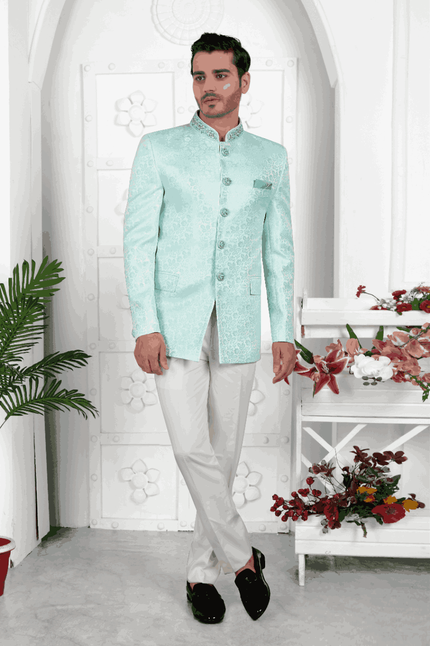 Raivat Ethnic Jacquard Silk Embroidery Work Jodhpuri In Firozi Green Colour | Grocsy