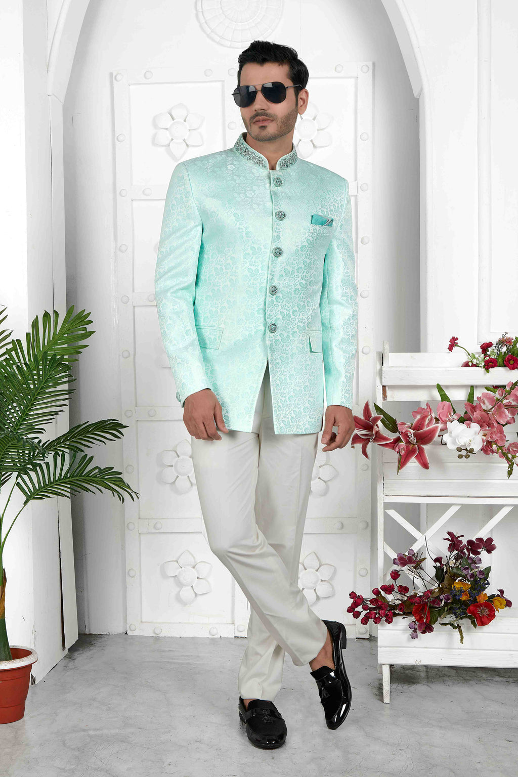 Raivat Ethnic Jacquard Silk Embroidery Work Jodhpuri In Firozi Green Colour | Grocsy