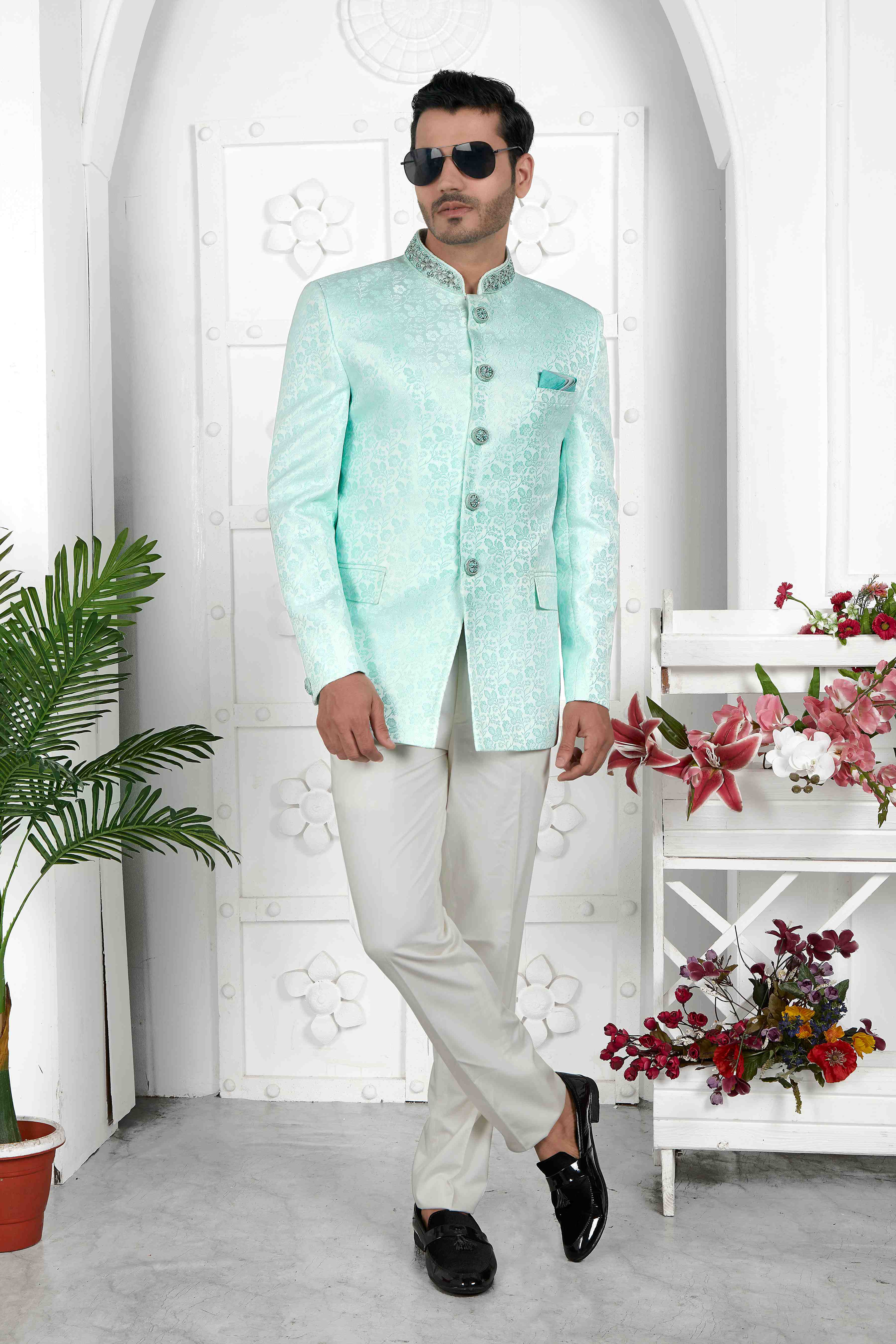 Raivat Ethnic Jacquard Silk Embroidery Work Jodhpuri In Firozi Green Colour | Grocsy
