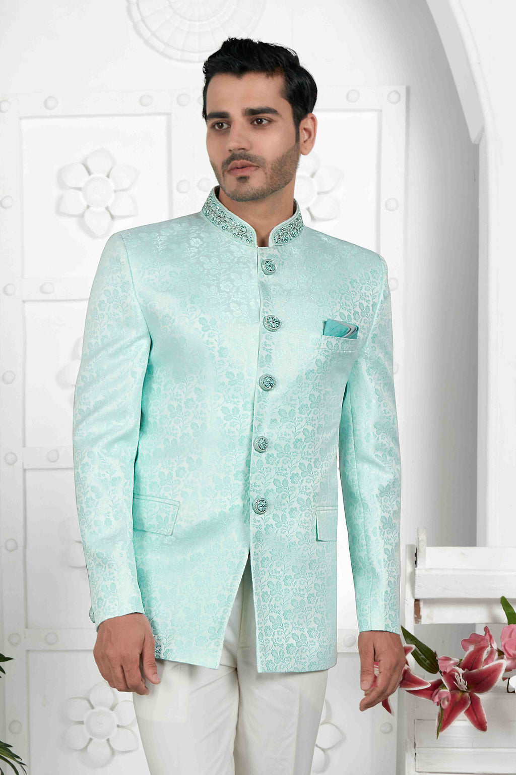 Raivat Ethnic Jacquard Silk Embroidery Work Jodhpuri In Firozi Green Colour | Grocsy