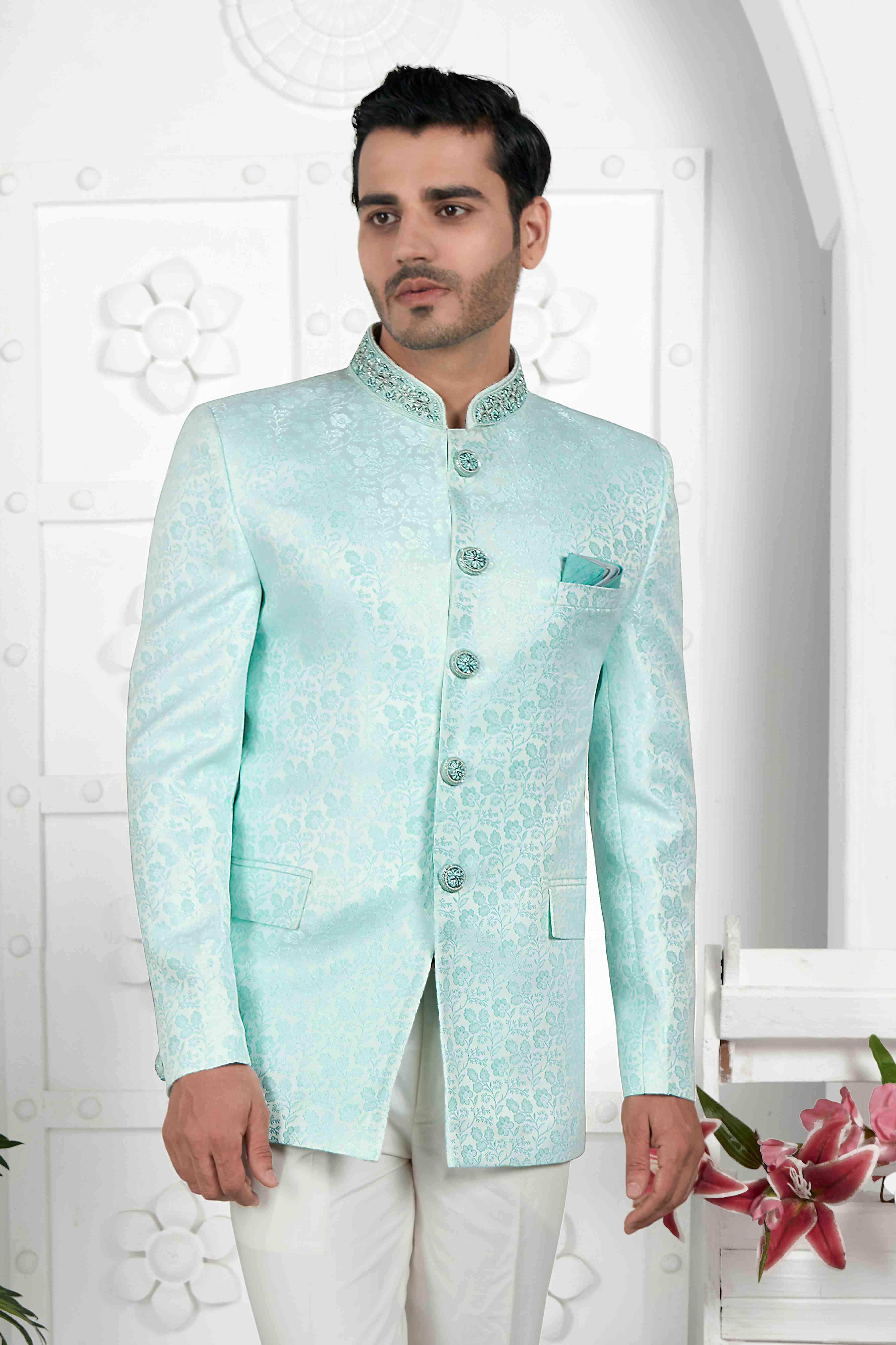 Raivat Ethnic Jacquard Silk Embroidery Work Jodhpuri In Firozi Green Colour | Grocsy