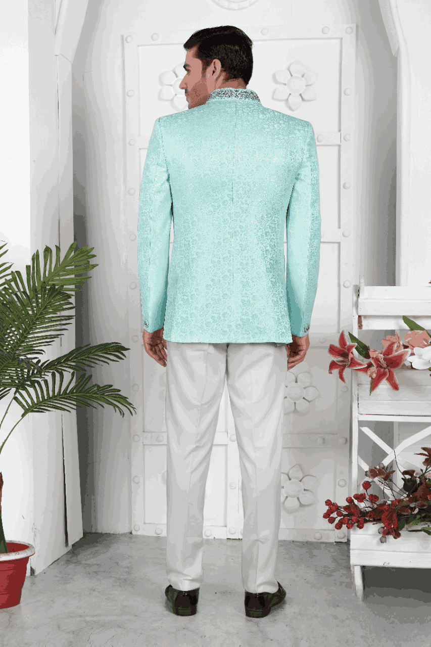 Raivat Ethnic Jacquard Silk Embroidery Work Jodhpuri In Firozi Green Colour | Grocsy