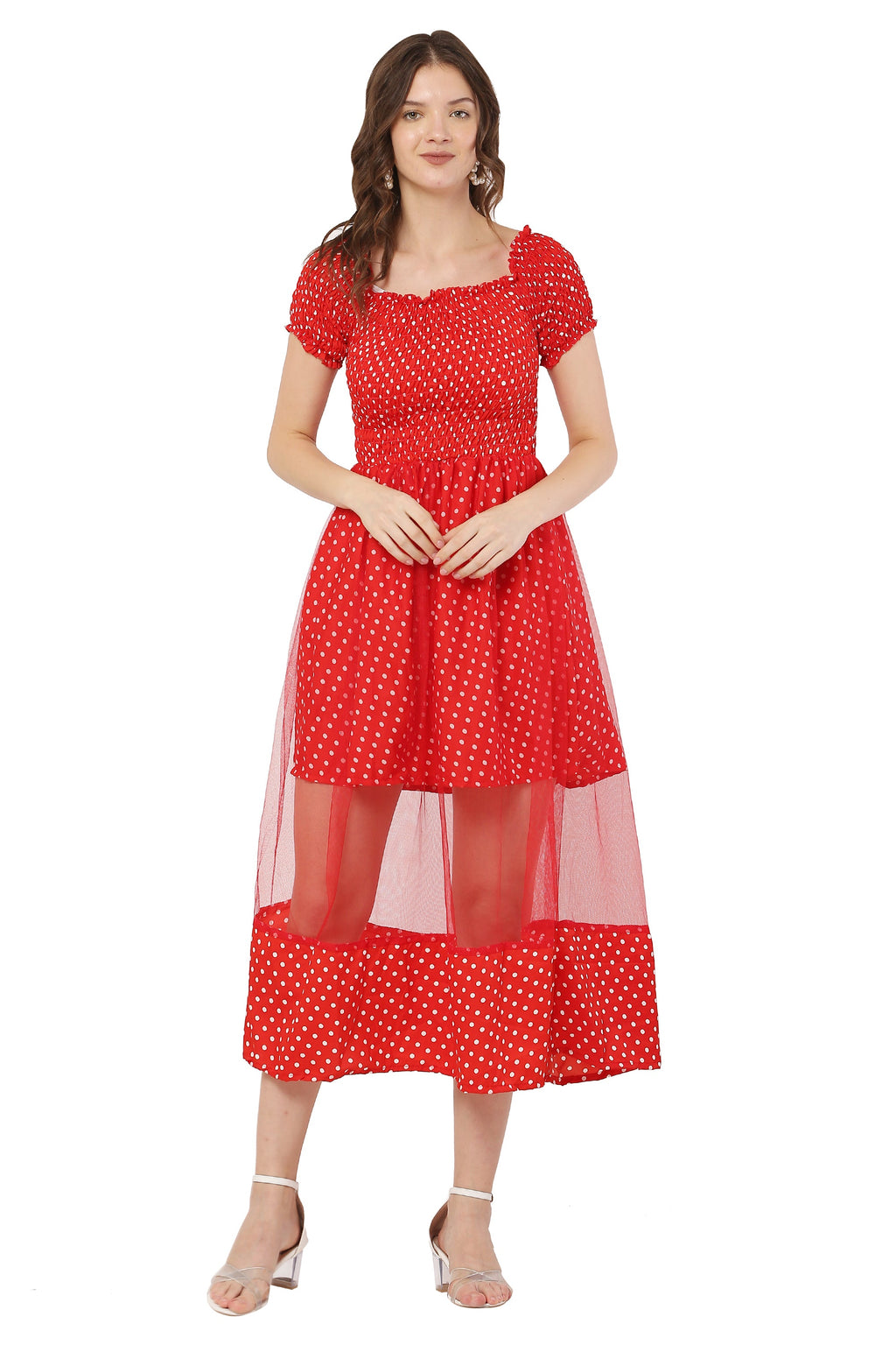 PAVONINE Red Color Polka Dot Net Kansai Dress For Women | Grocsy