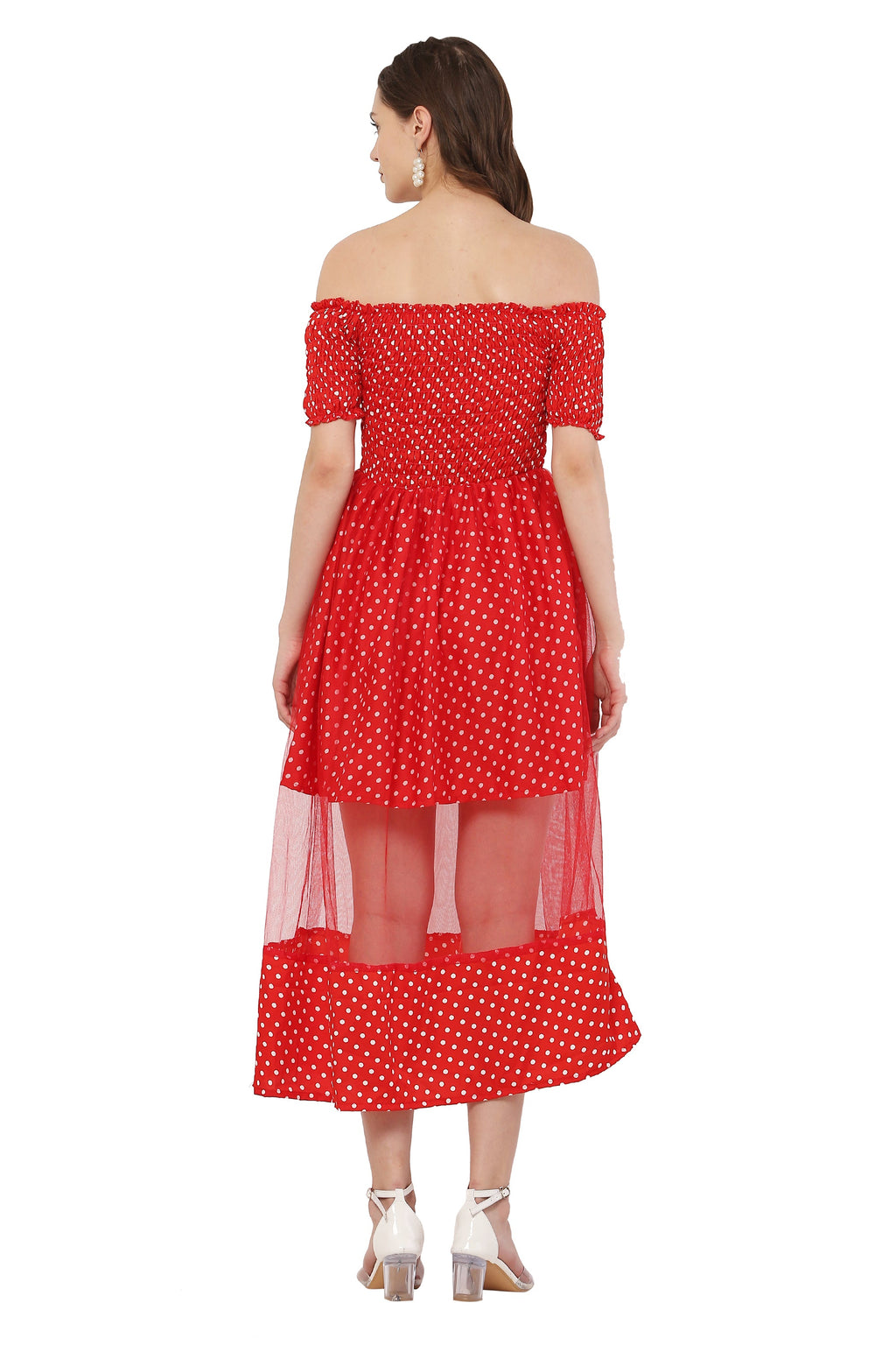 PAVONINE Red Color Polka Dot Net Kansai Dress For Women | Grocsy