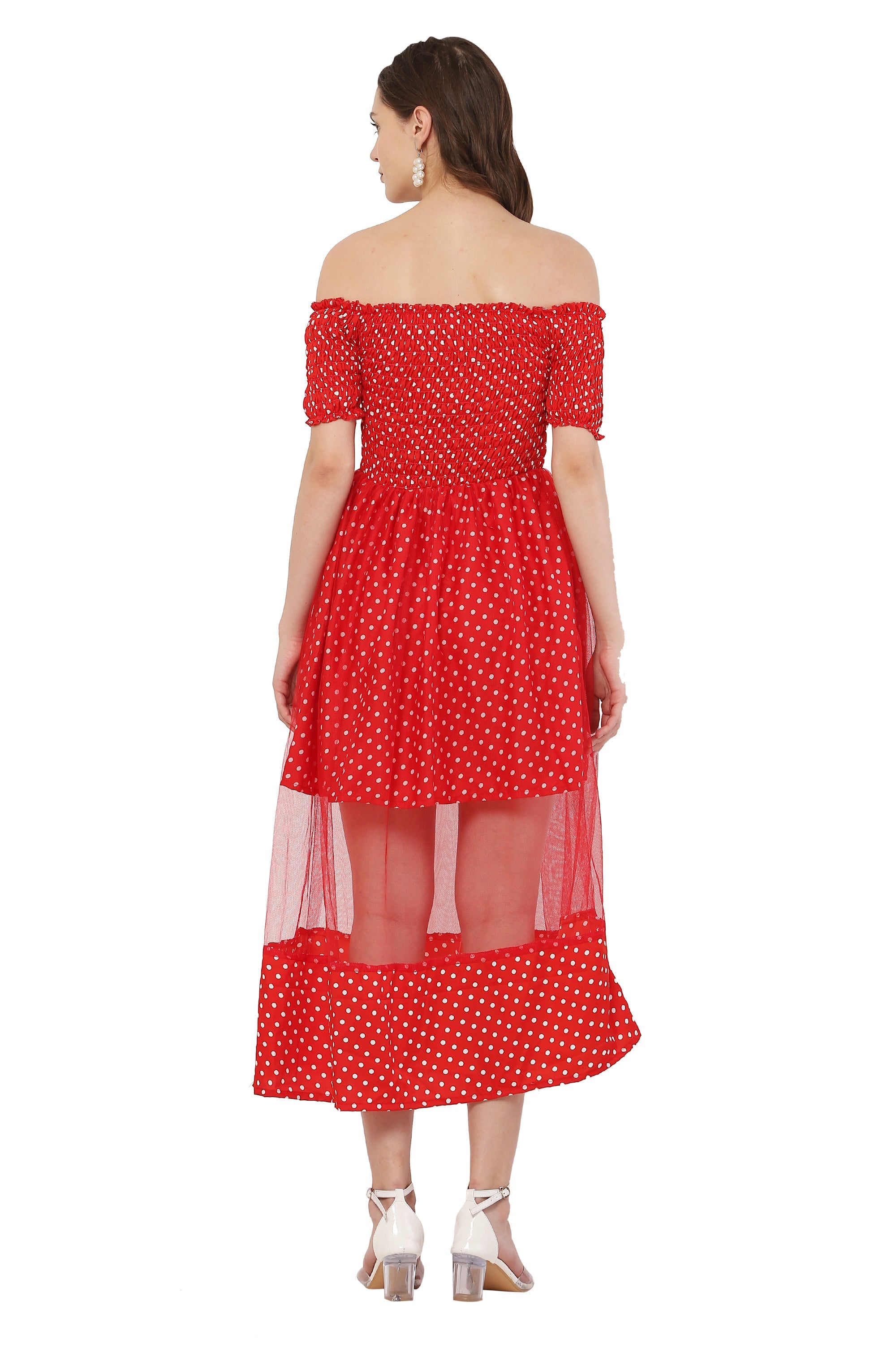 PAVONINE Red Color Polka Dot Net Kansai Dress For Women | Grocsy