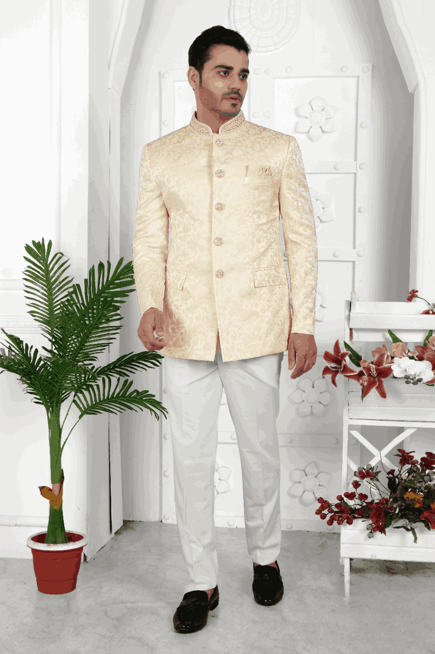 Raivat Ethnic Jacquard Silk Embroidery Work Jodhpuri In Beige Colour | Grocsy