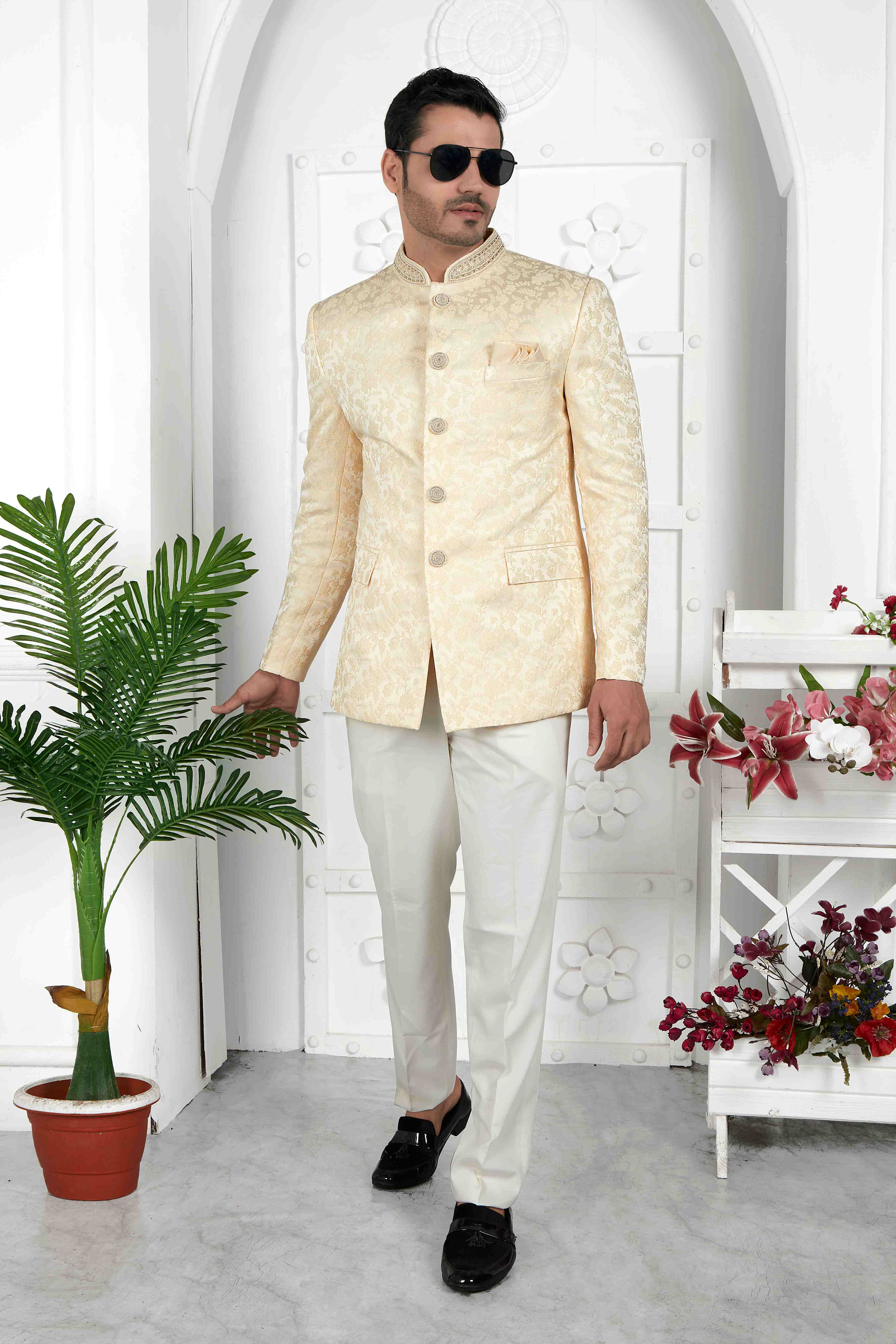Raivat Ethnic Jacquard Silk Embroidery Work Jodhpuri In Beige Colour | Grocsy