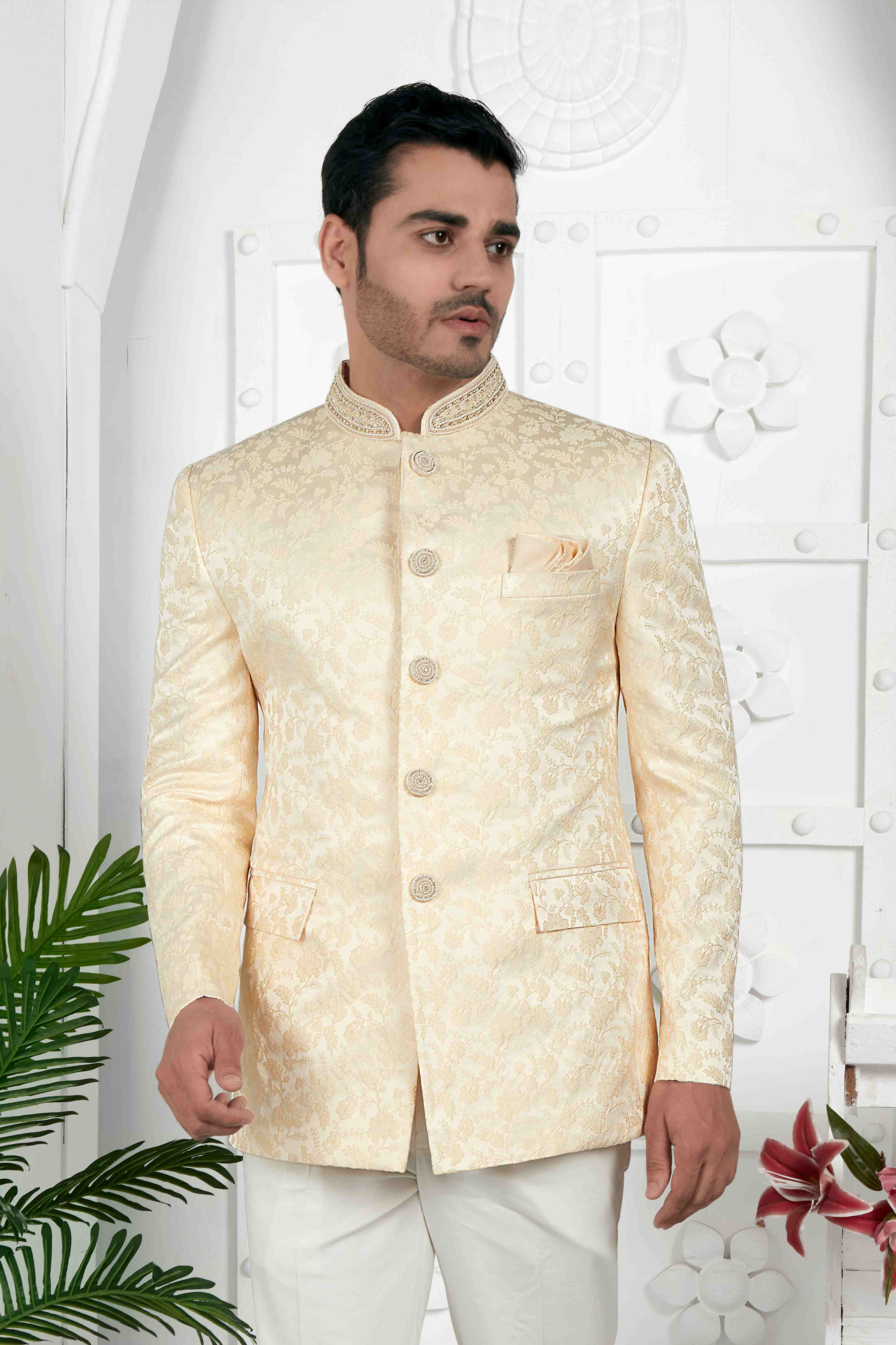 Raivat Ethnic Jacquard Silk Embroidery Work Jodhpuri In Beige Colour | Grocsy