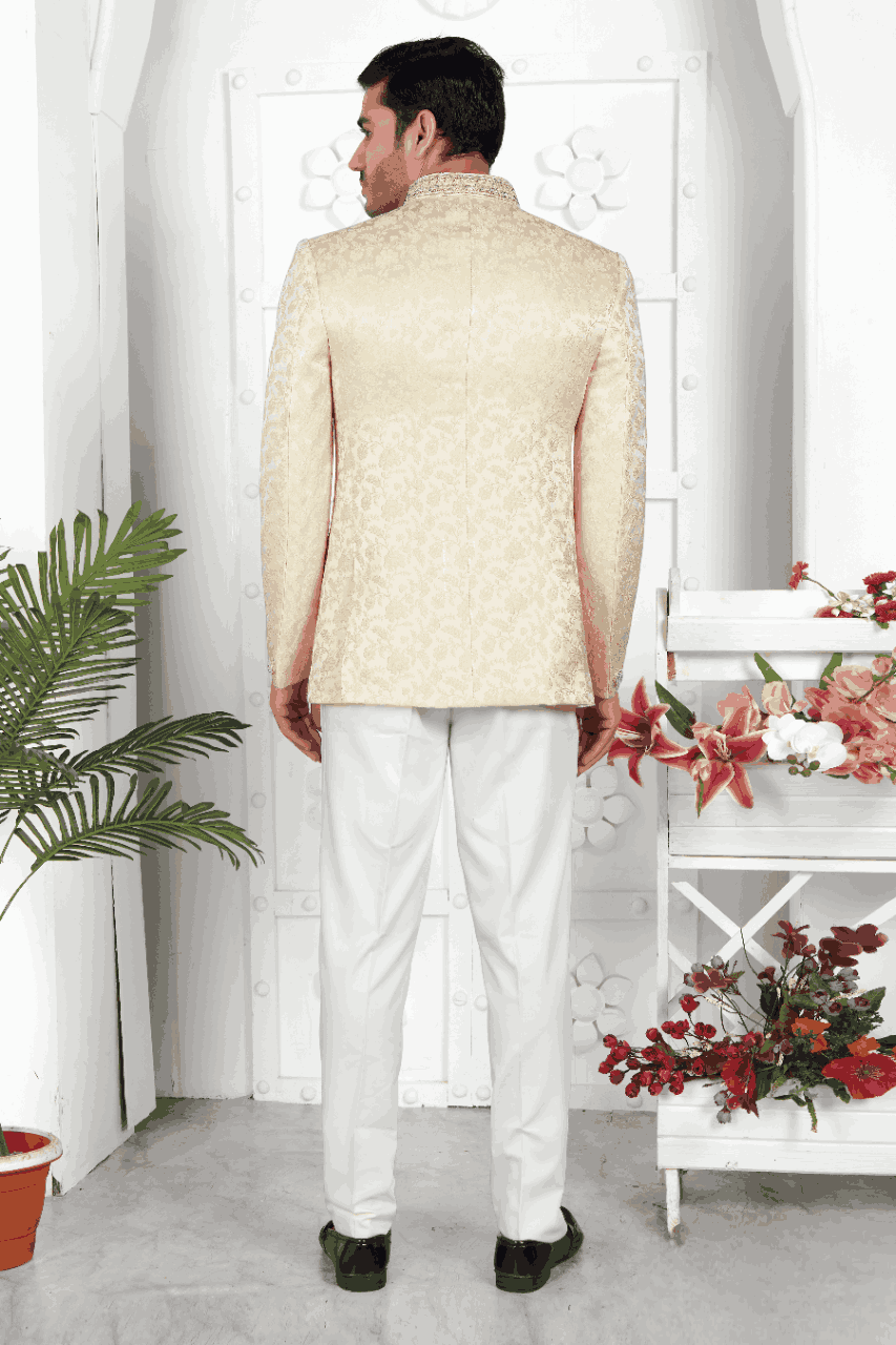 Raivat Ethnic Jacquard Silk Embroidery Work Jodhpuri In Beige Colour | Grocsy