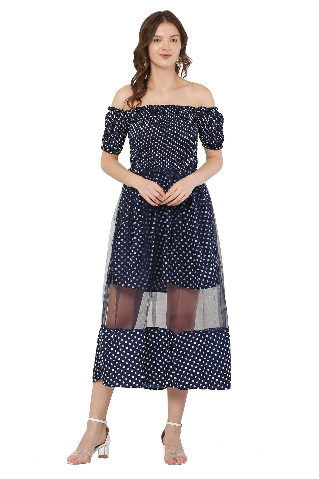 PAVONINE Navy Blue Color Polka Dot Net Kansai Dress For Women | Grocsy
