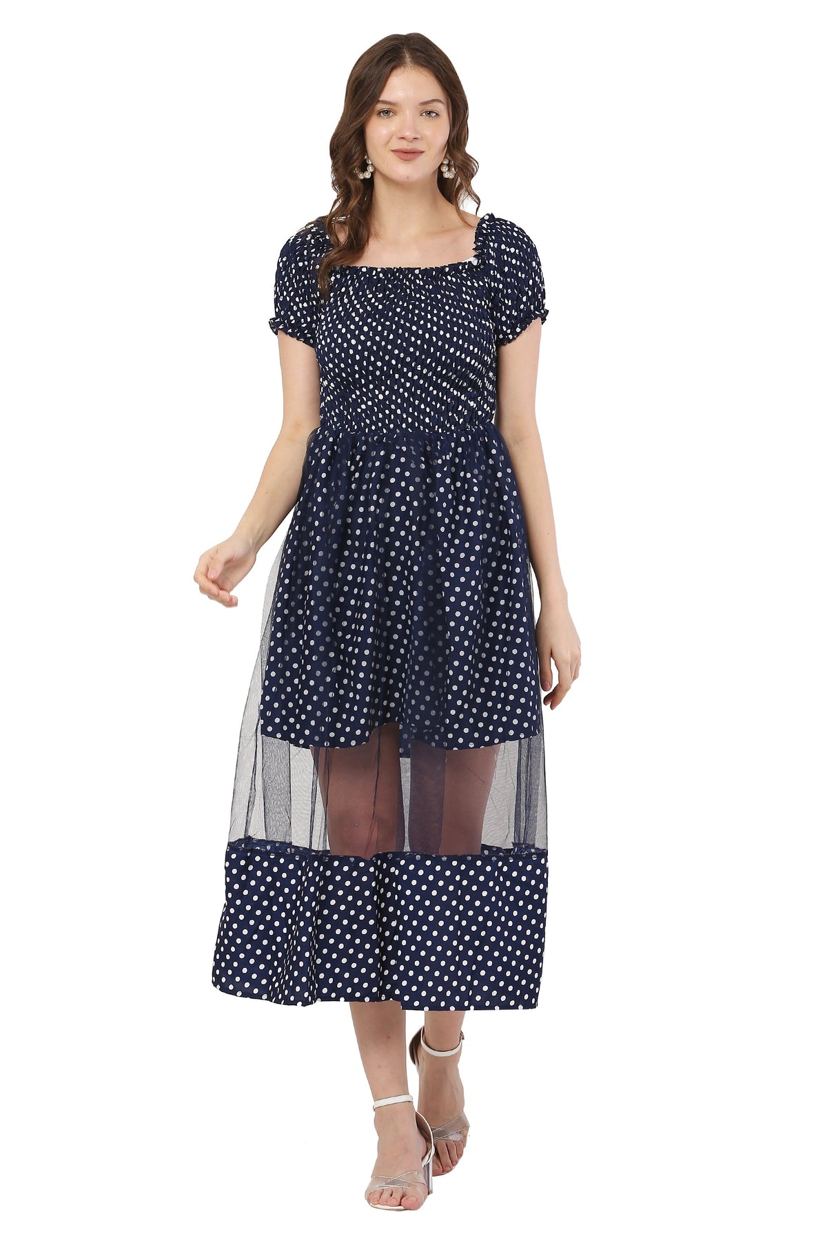 PAVONINE Navy Blue Color Polka Dot Net Kansai Dress For Women | Grocsy