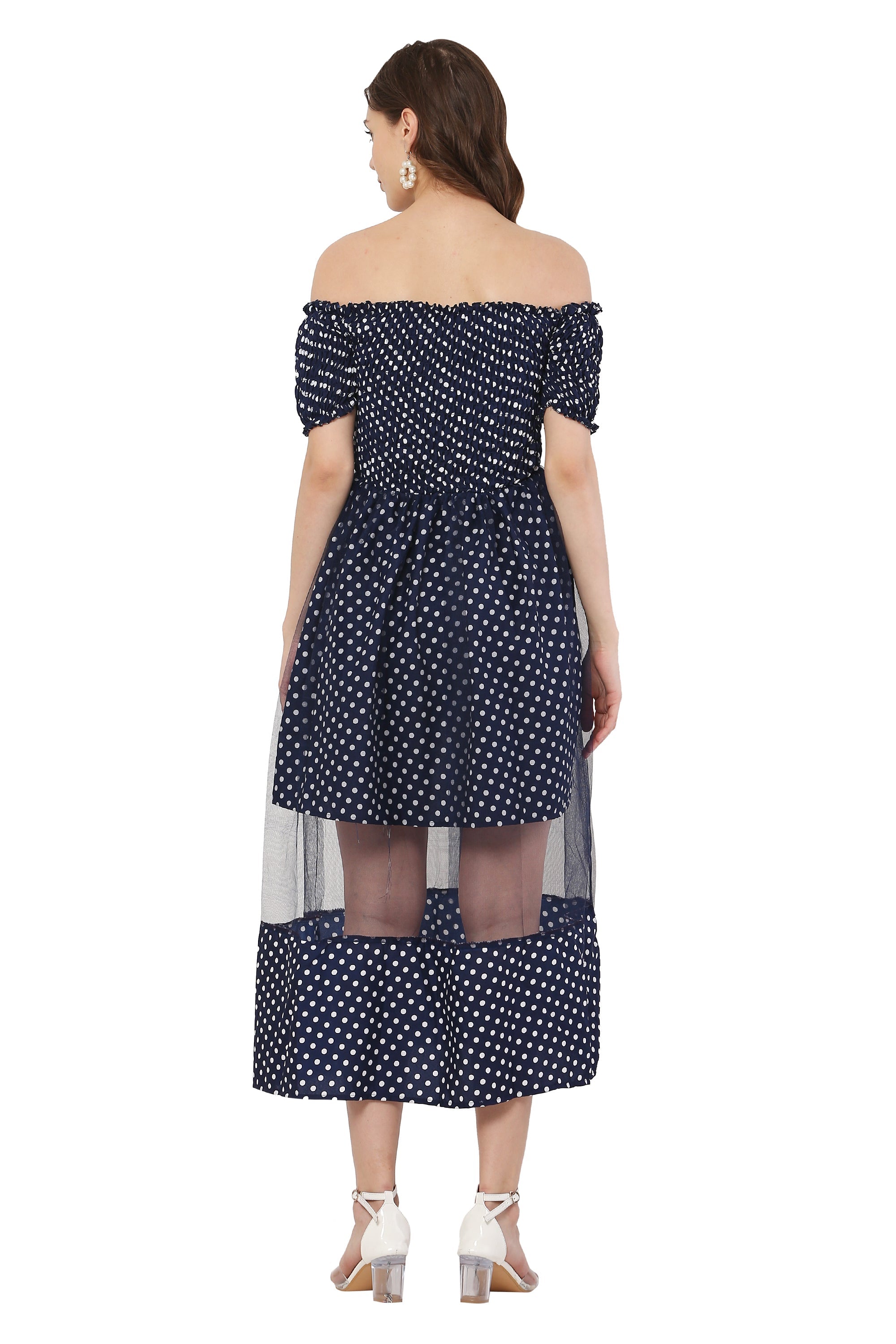 PAVONINE Navy Blue Color Polka Dot Net Kansai Dress For Women | Grocsy