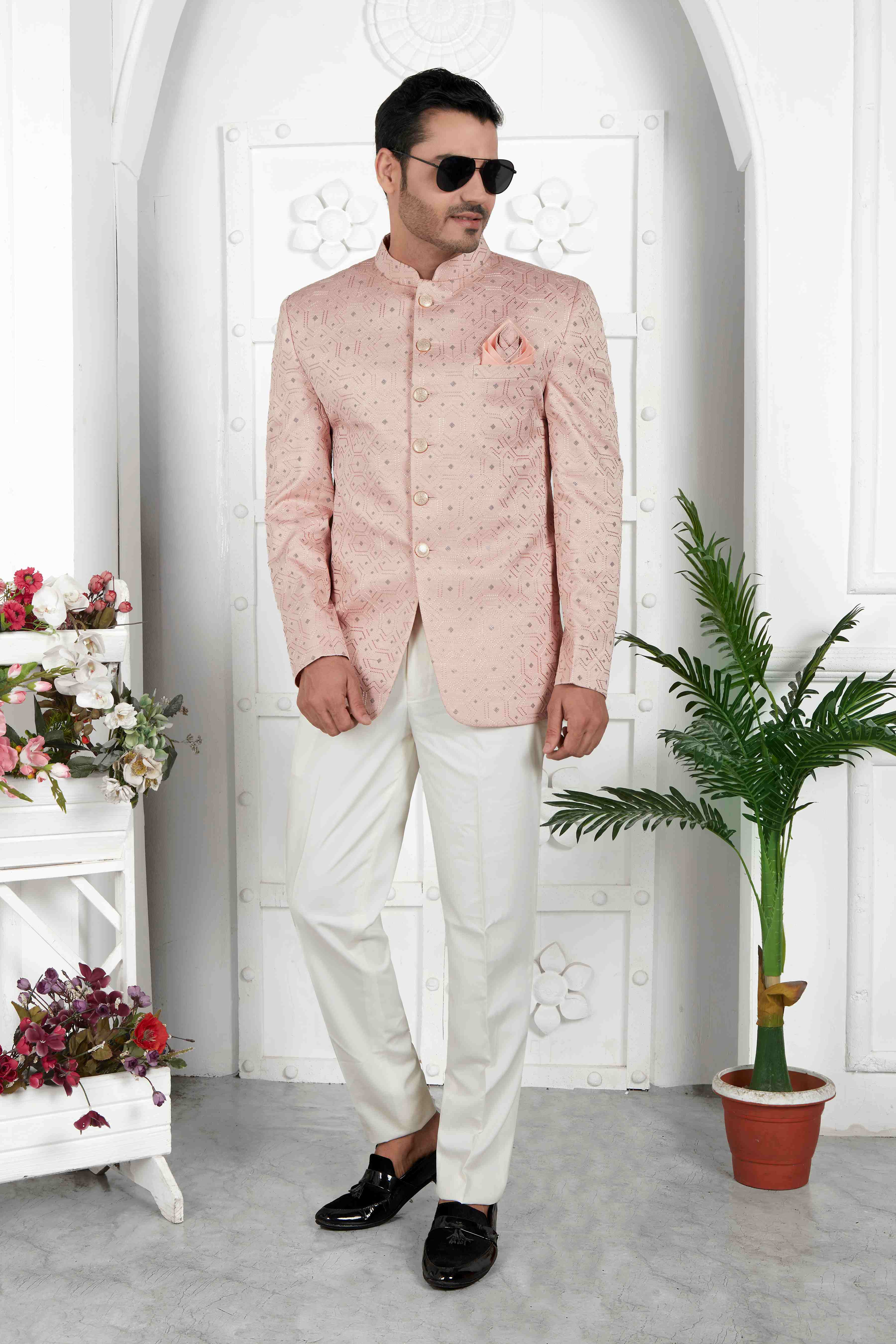 Raivat Ethnic Art Silk Thread Work Jodhpuri In Peach Colour | Grocsy