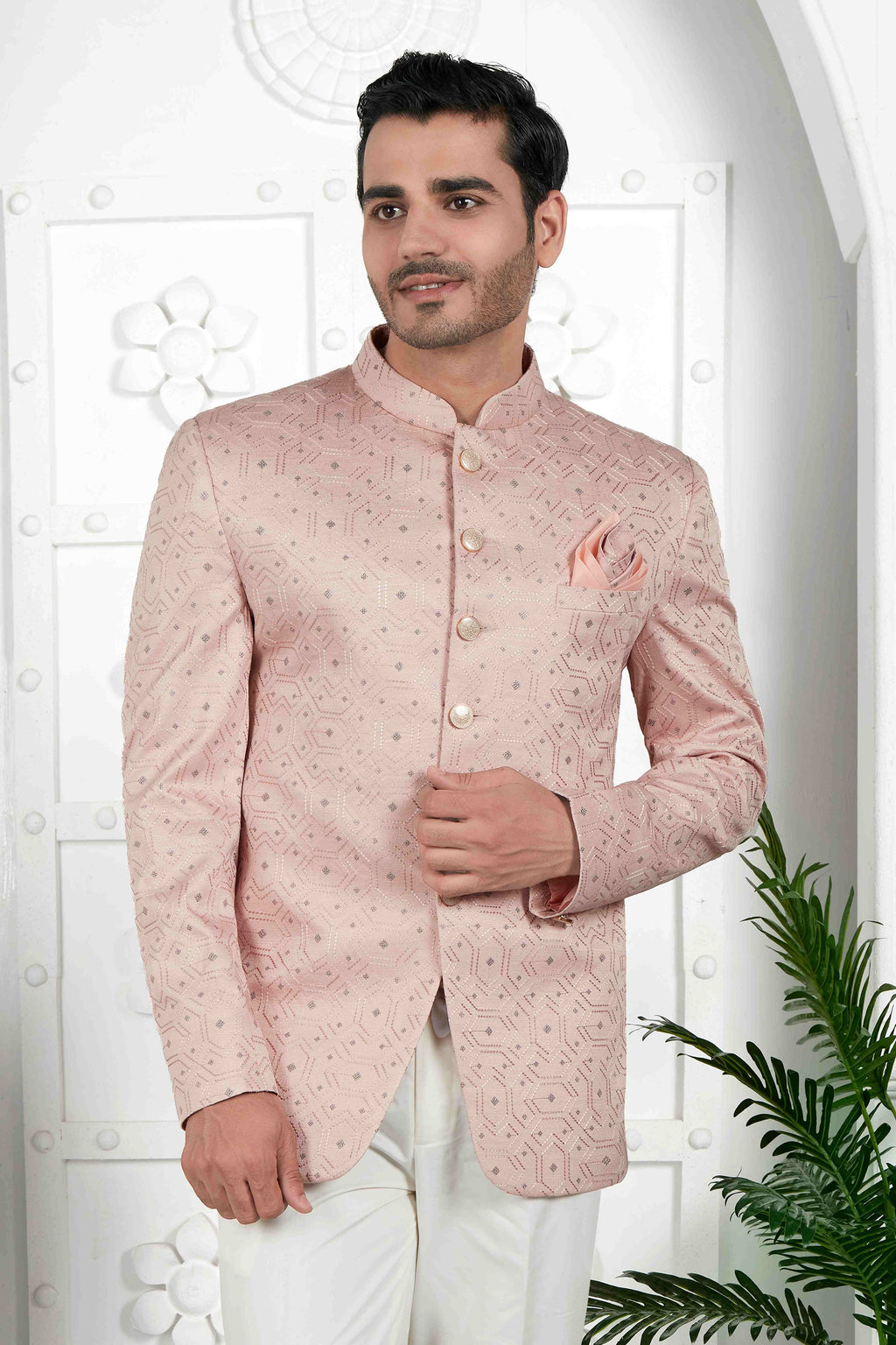 Raivat Ethnic Art Silk Thread Work Jodhpuri In Peach Colour | Grocsy