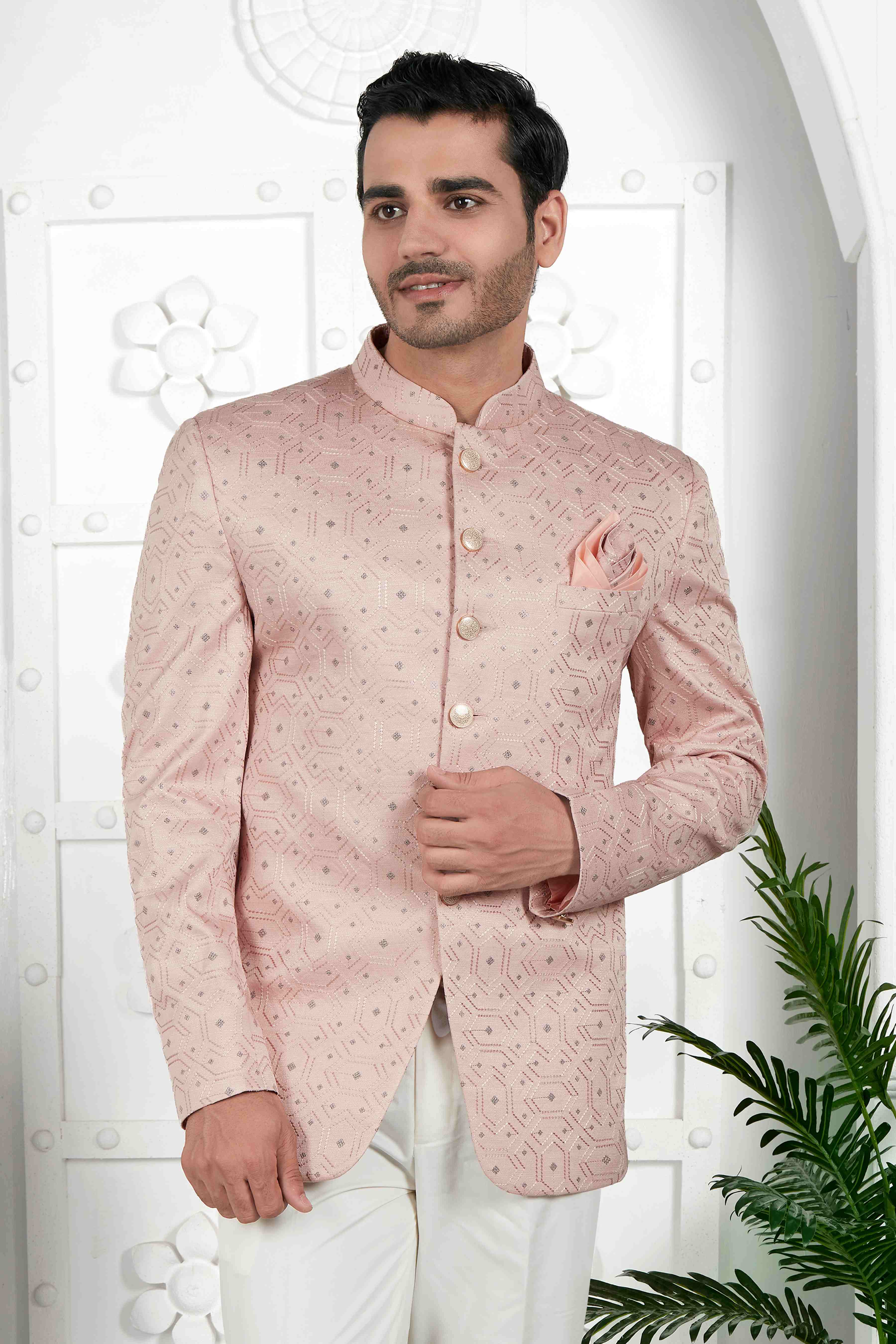 Raivat Ethnic Art Silk Thread Work Jodhpuri In Peach Colour | Grocsy