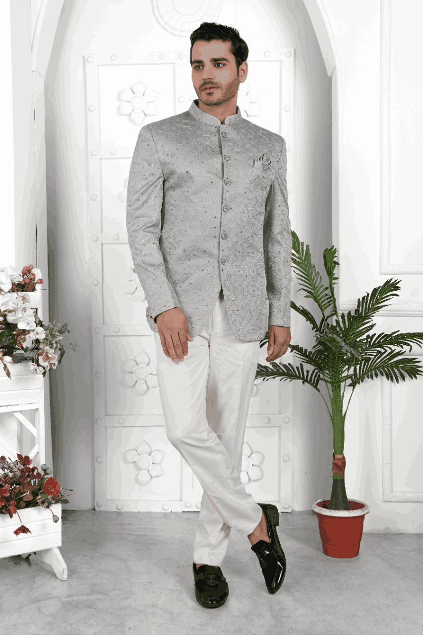 Raivat Ethnic Art Silk Thread Work Jodhpuri In Grey Colour | Grocsy