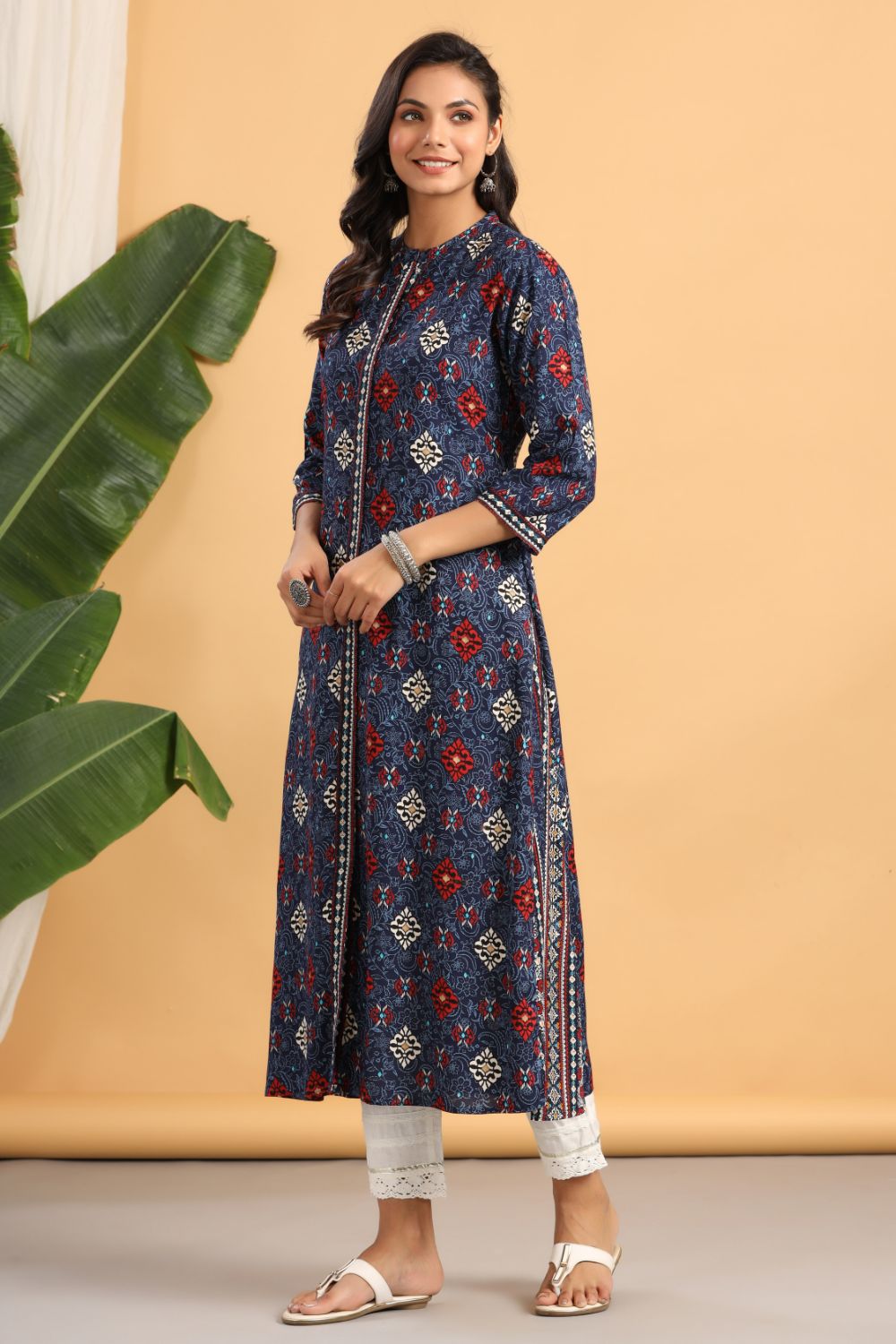 Juniper Womens Indigo Rayon Printed A-Line Kurta | Grocsy