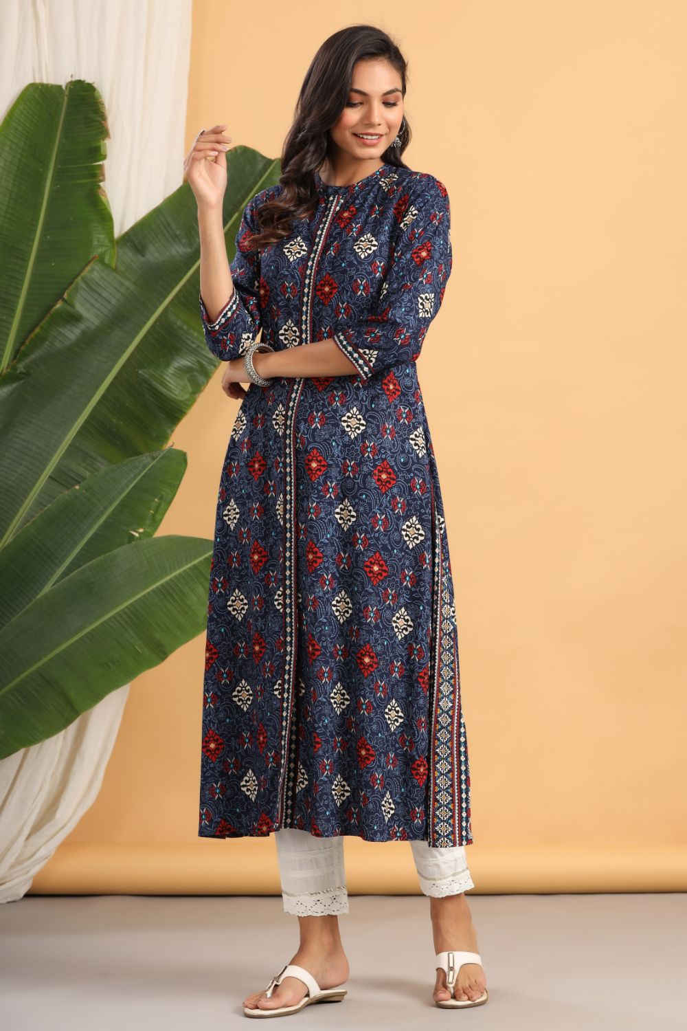 Juniper Womens Indigo Rayon Printed A-Line Kurta | Grocsy