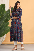 Juniper Womens Indigo Rayon Printed A-Line Kurta | Grocsy