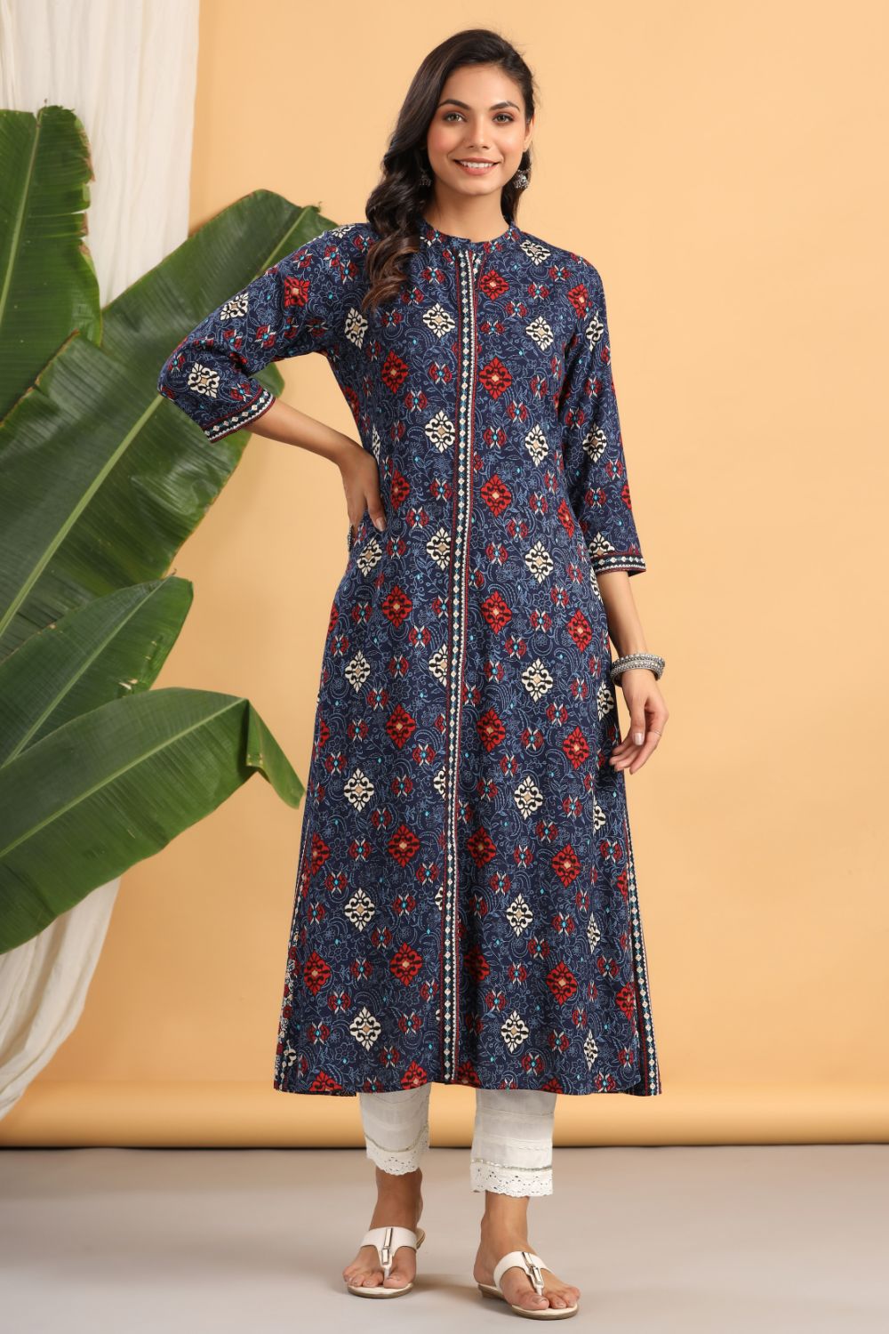 Juniper Womens Indigo Rayon Printed A-Line Kurta | Grocsy