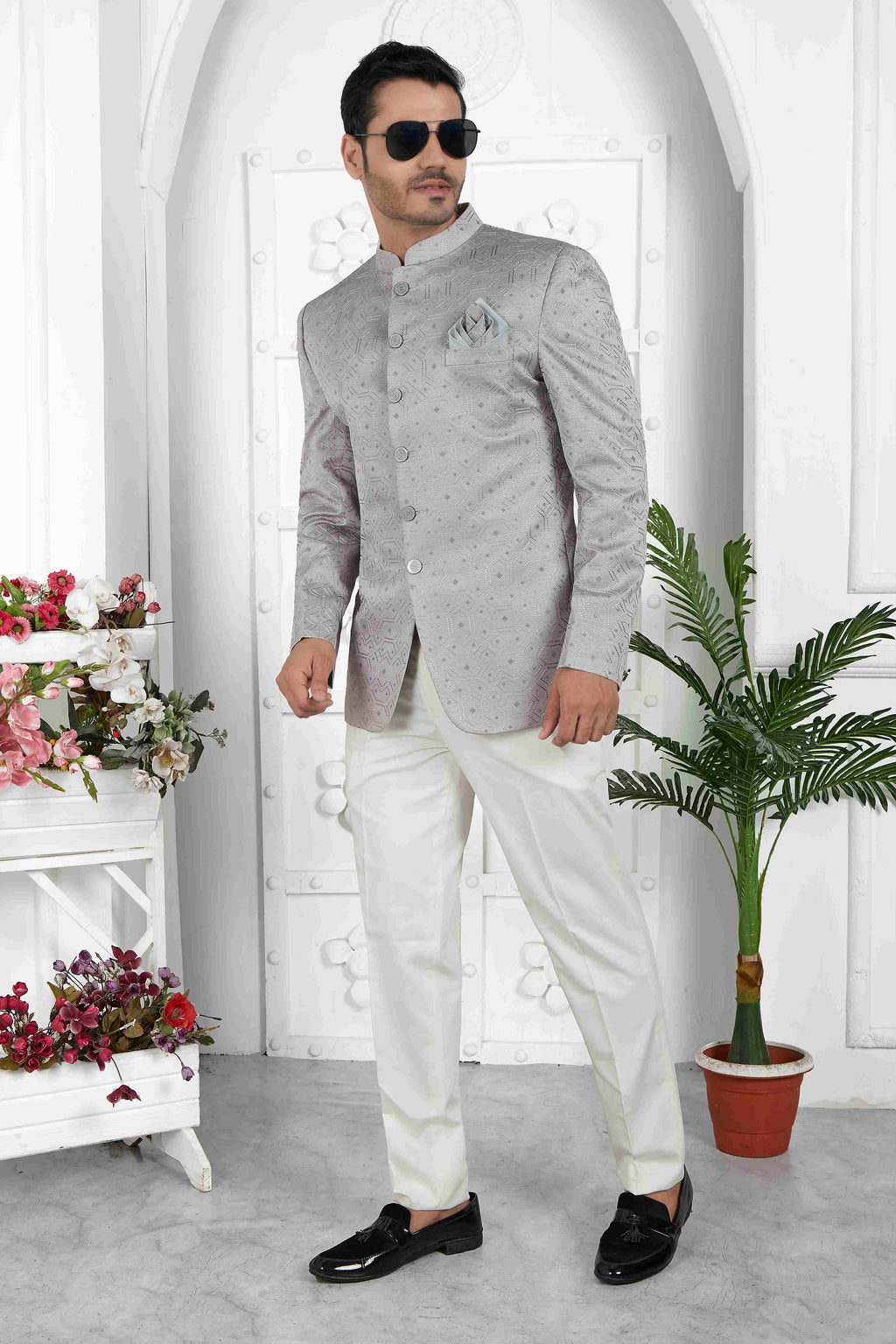 Raivat Ethnic Art Silk Thread Work Jodhpuri In Grey Colour | Grocsy
