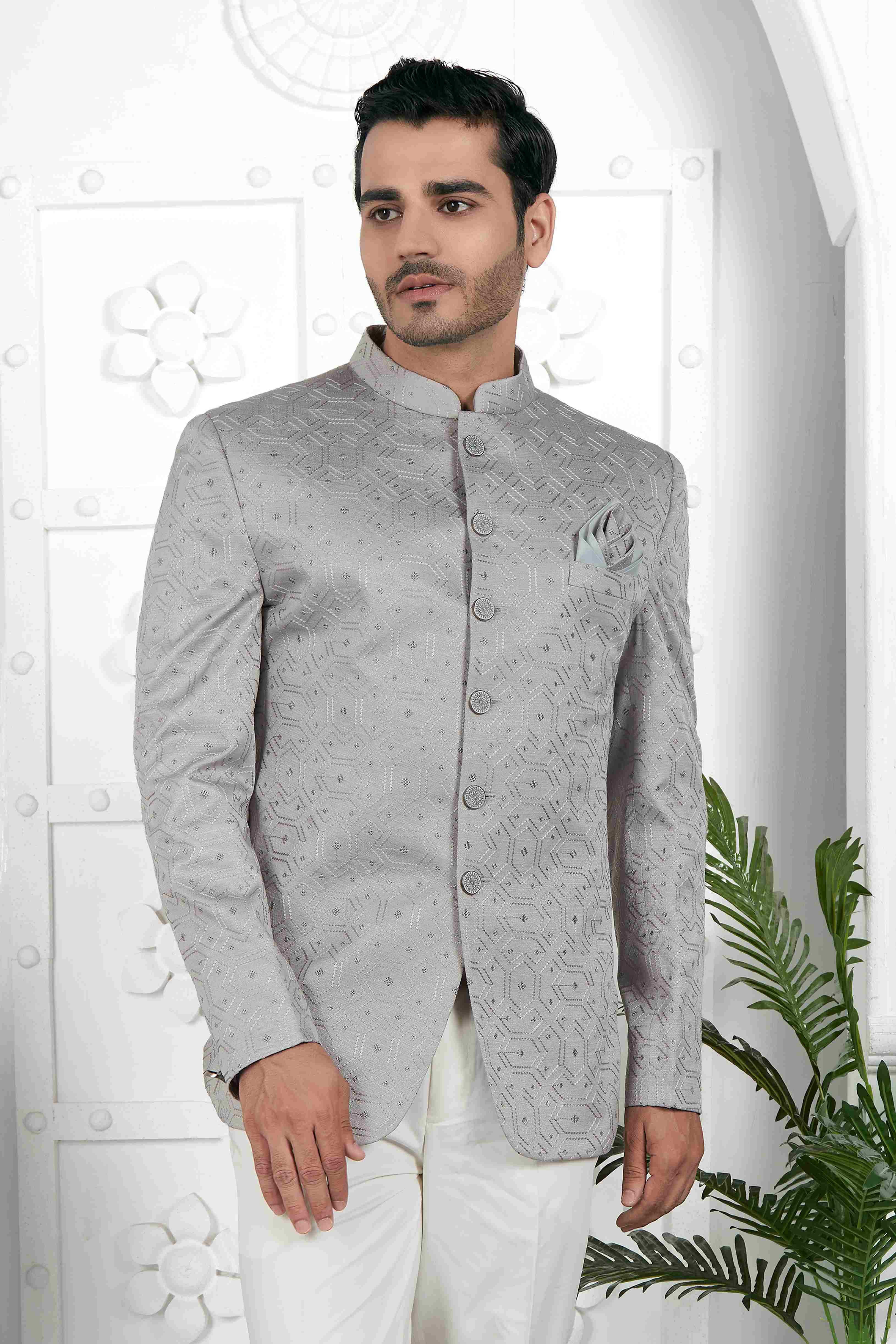 Raivat Ethnic Art Silk Thread Work Jodhpuri In Grey Colour | Grocsy