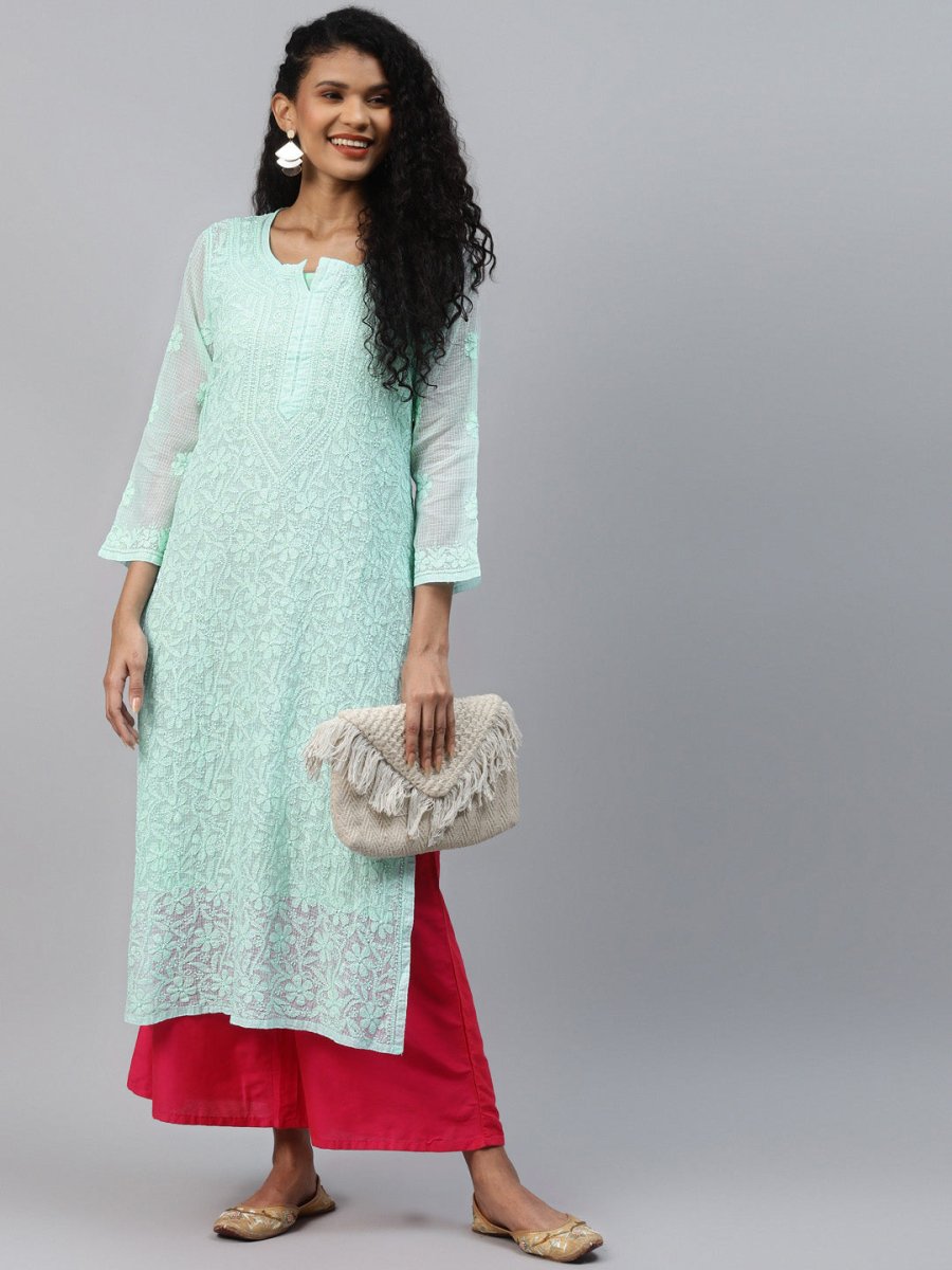 ADA Women Sea Green Chikankari Hand Embroidered Straight Kota Handloom Kurta With Matching Slip | Grocsy