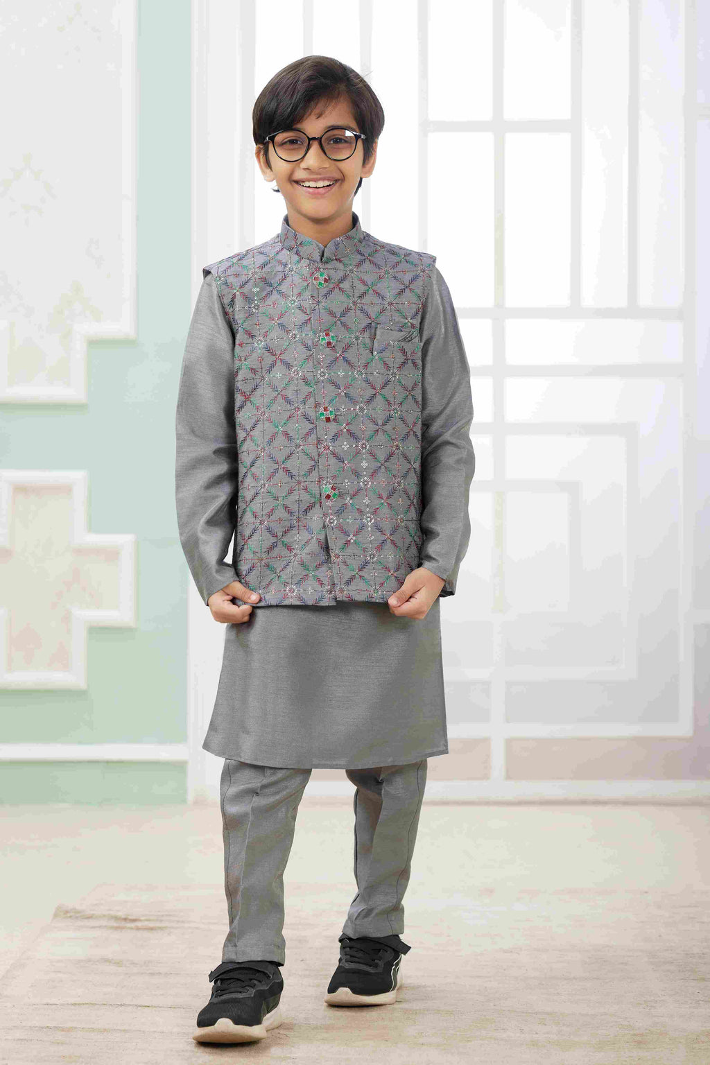 Raivat Ethnic Art Silk Embroidery Work 3 Pics Jacket Set In Dark Grey Colour | Grocsy